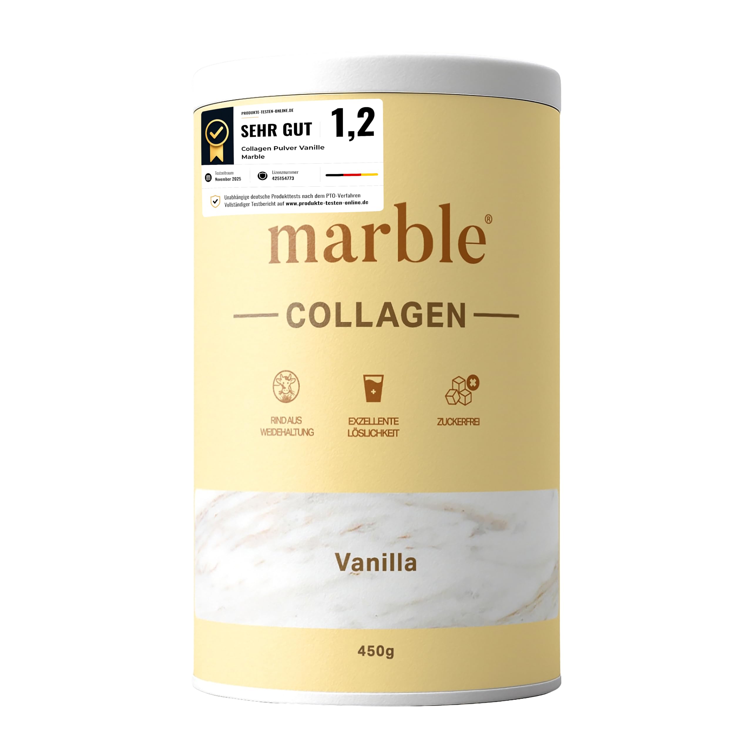 marble® Collagen Pulver 450 g - Collagen Peptide - 60 Tage risikofrei testen - Aminosäuren Komplex hochdosiert - Kollagen Pulver in Pappdose ohne Plastiklöffel
