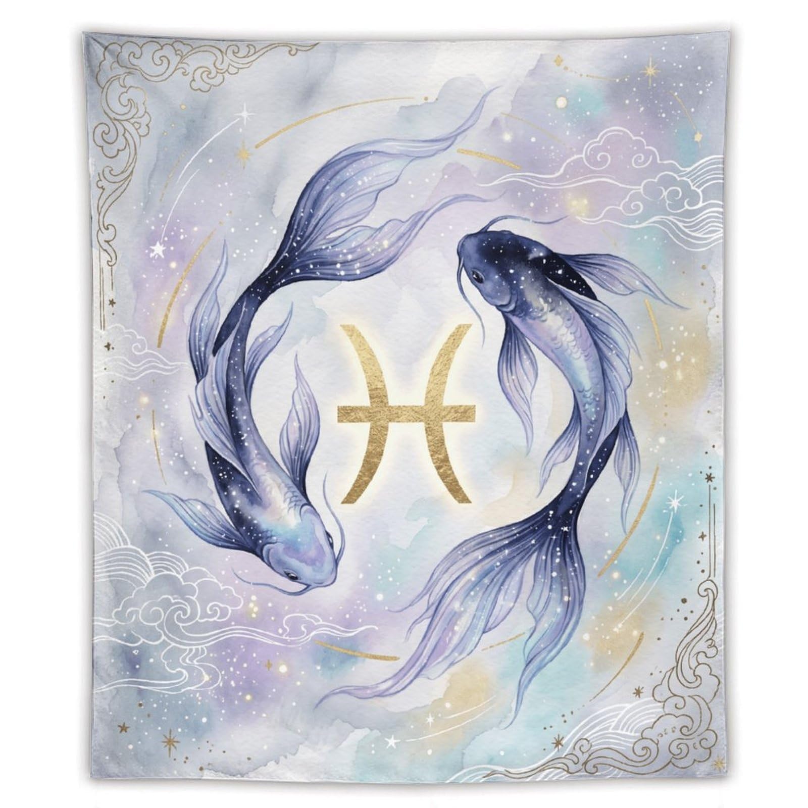 H3B8U2Y5 Pisces Koi Celestial Wall Tapestry, Watercolor Style, Zen Water