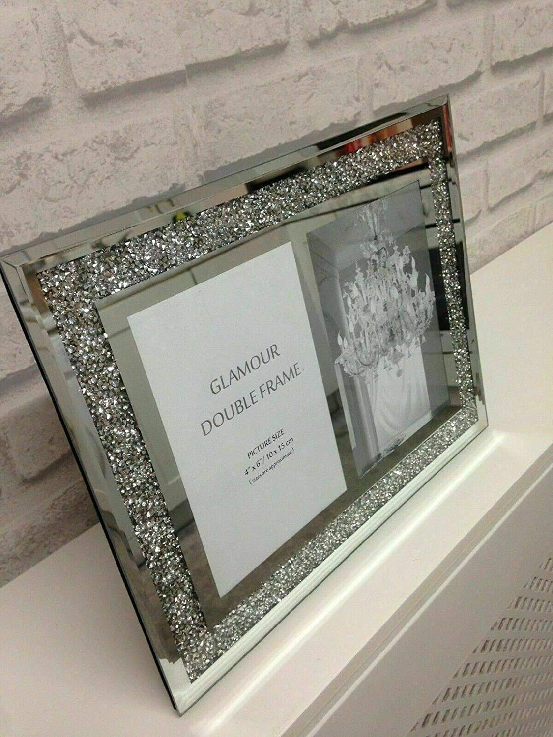Biznest Double Picture Photo Frame Hold 2 Picture Silver Mirrored Crushed Crystal Diamante 6"X4"