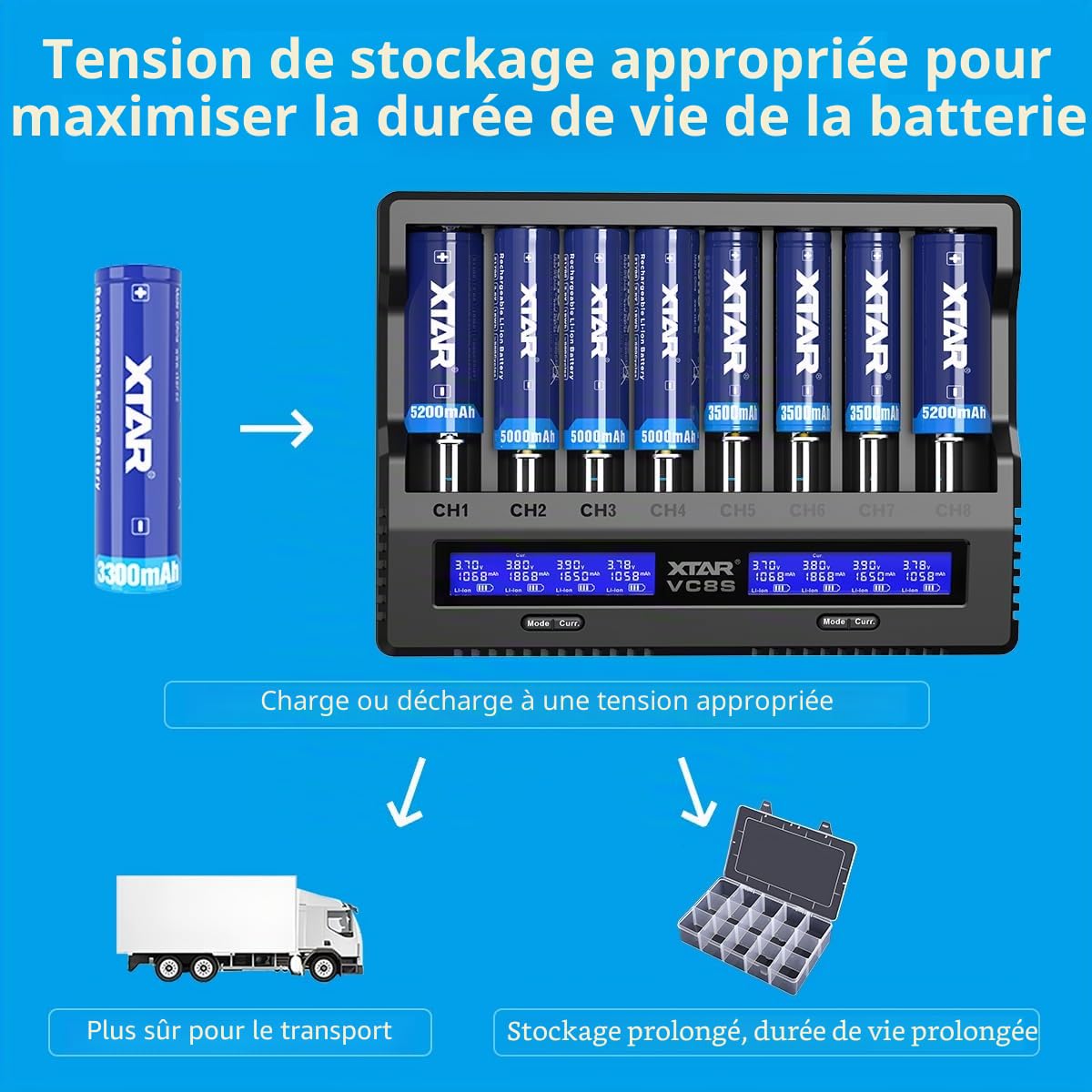 XTAR VC8S 18650 Chargeur de batterie universel, USB C, chargeur rapide avec écran LCD, test de capacité et 8 emplacements de charge pour batteries rechargeables 1,2 V AA 21700 26650, chargeur de