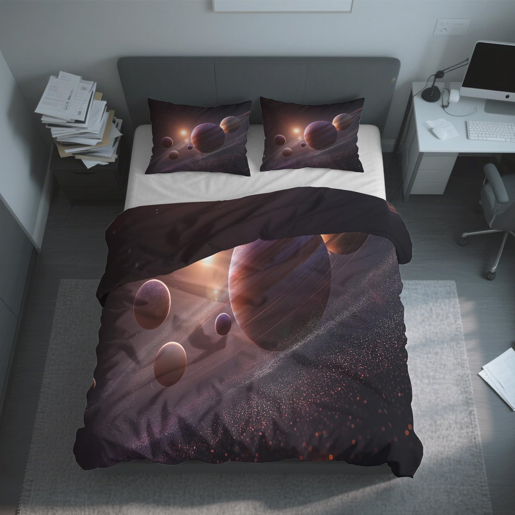 Parure de lit 240x260 planète en microfibre avec 2 taies d'oreiller