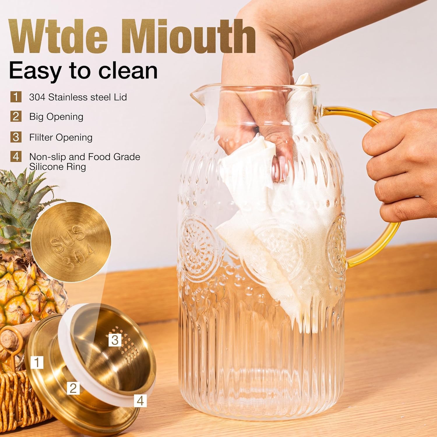 2 Litres Carafe en Verre, Pichet en Verre avec Acier Inoxydable Couvercle Bec Verseur Anti-Fuites, Résistante à la Chaleur Carafe Eau pour Chaude Boisson Maison Vin de Service Thé Glacé