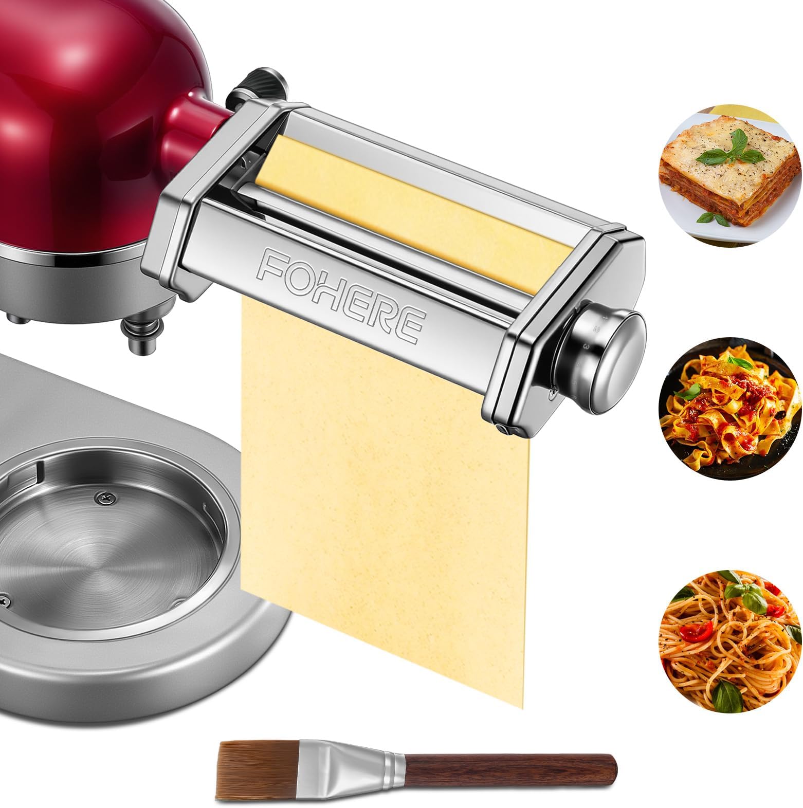 Pasta Roller Attachment for KitchenAid Stand Mixer, Pasta Maker Accessorie with Cleaning Brush, 7 Adjustable Thickness Knob for Pasta Sheets, Homemade Fresh Noodles and Italian Cuisine, Easy to Use
