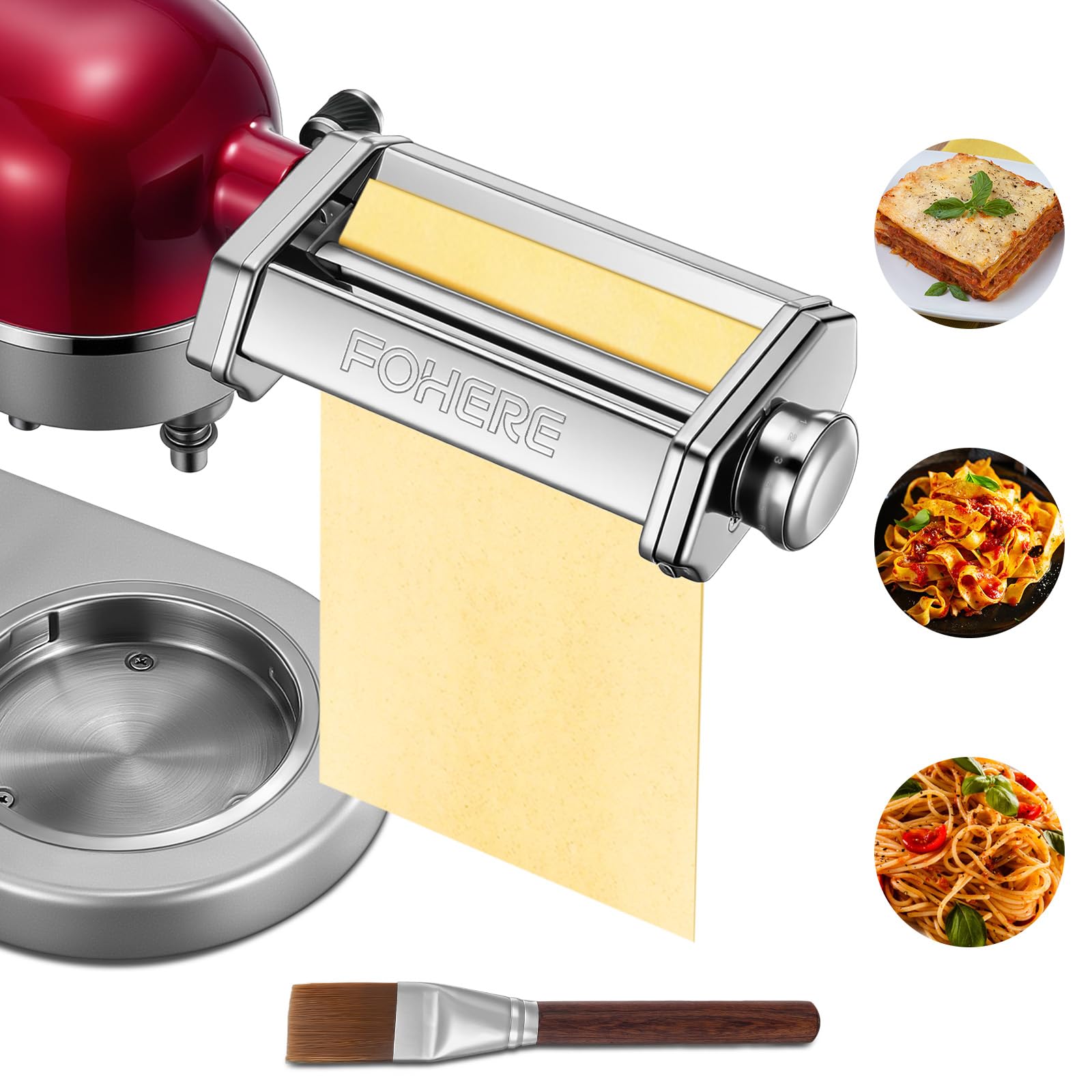 FOHERE Nudelaufsatz Nudelblattroller für KitchenAid Küchenmaschine, Pasta Maker Zubehör Mit Nudelblattroller und Reinigungsbürste (7 Einstellbare Dicken)
