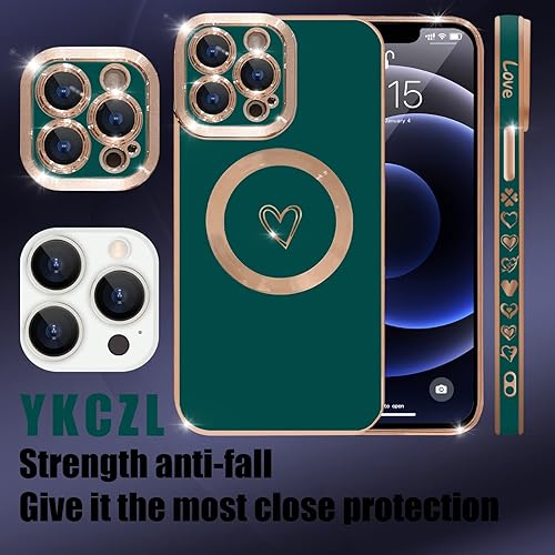Miniatura 2 de YKCZL MagSafe, funda compatible con iPhone 13 Pro Max, funda magnética de lujo chapado en forma de corazón con bonito corazón, protección completa