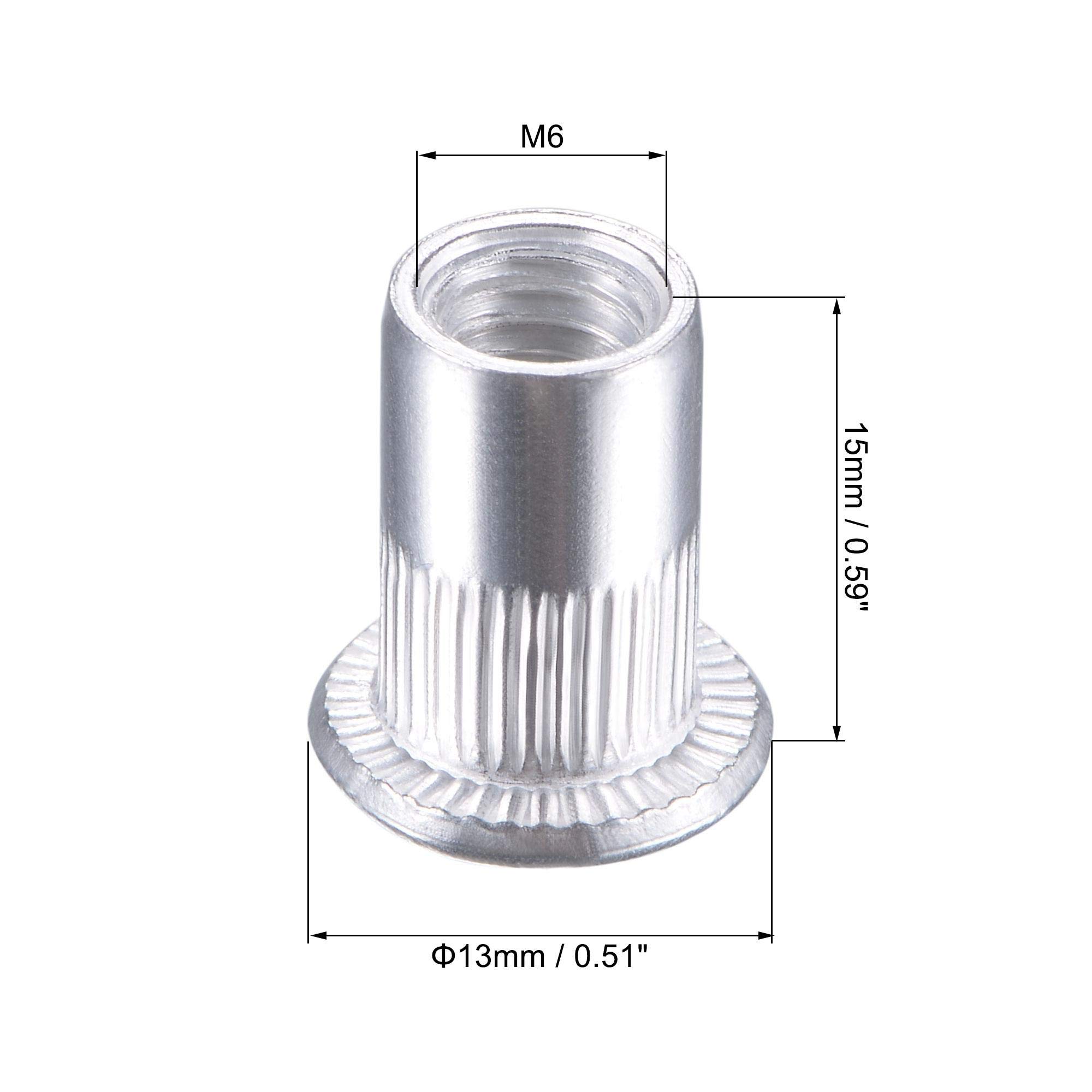 Sourcing Map M6 Aluminium Rivet Nuts (Threaded Inserts) - Knurled Flat Head, 100pcs, Silver-707965
