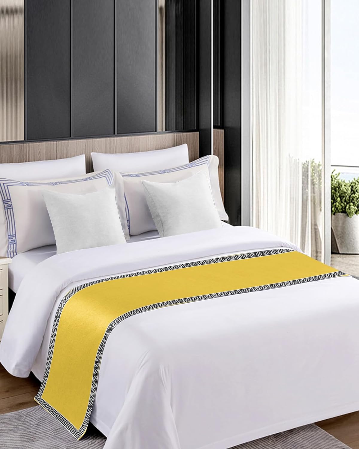 Bed Runner Scarf, Yellow Traditional Greek Key Meander Border Geometric Pattern King Bed Bedding Scarves Cover Decorative Bed Scarf for Home Hotel Guesthouse Bedroom Wedding Room Guestrooms 83"x20"