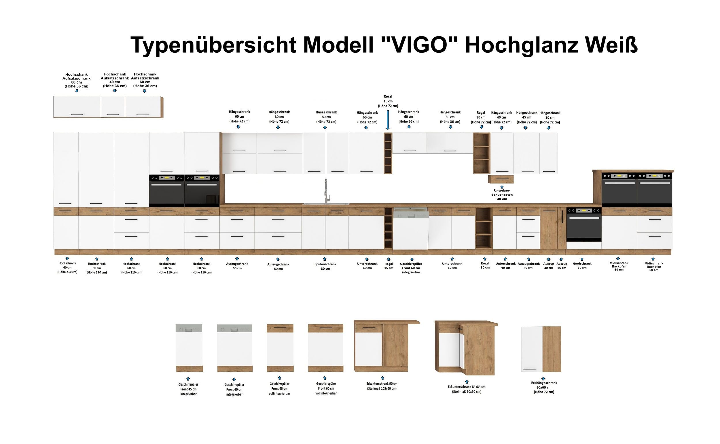 Vigo Unterschrank 60 Eiche Lancelot Weiß Hochglanz Küchenzeile Küchenblock Küche