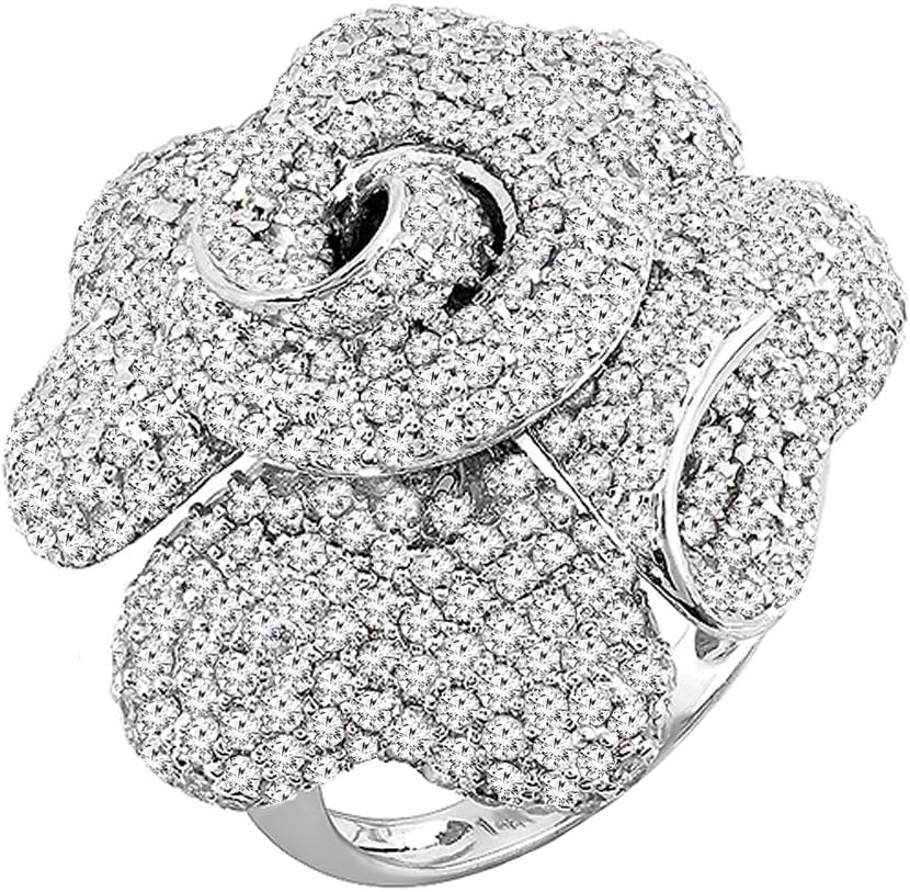Dazzlingrock Collection 3.65 Ctw 14K Real Solid Gold Round Natural Diamond Women Cocktail Blossom Flower Rose Right Hand Ring