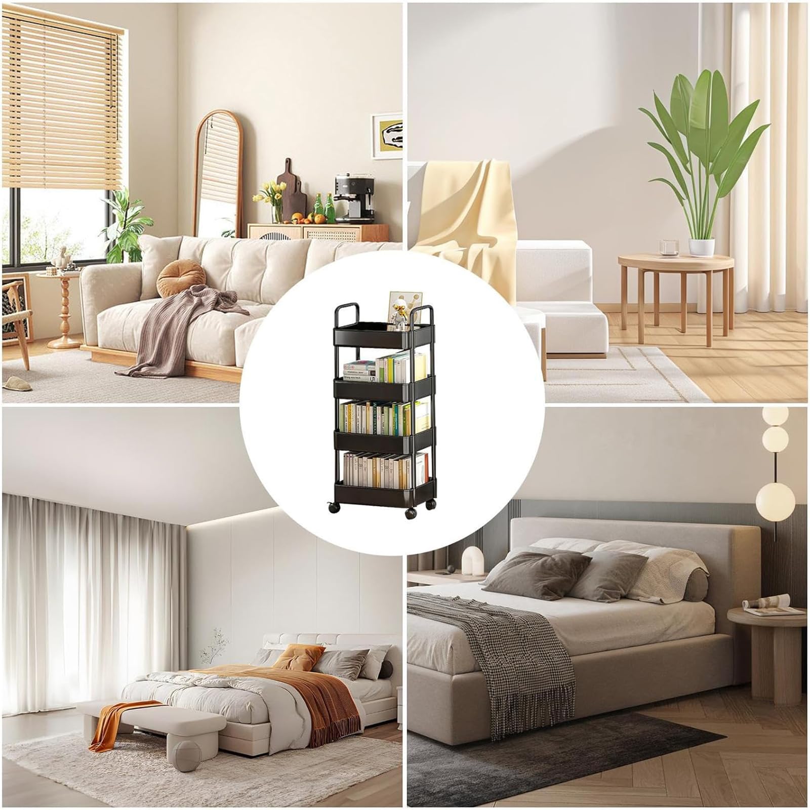 Carrito utilitario rodante de 4 niveles multiusos para cocina, baño, oficina, lavandería y maquillaje, versátil carrito rodante negro