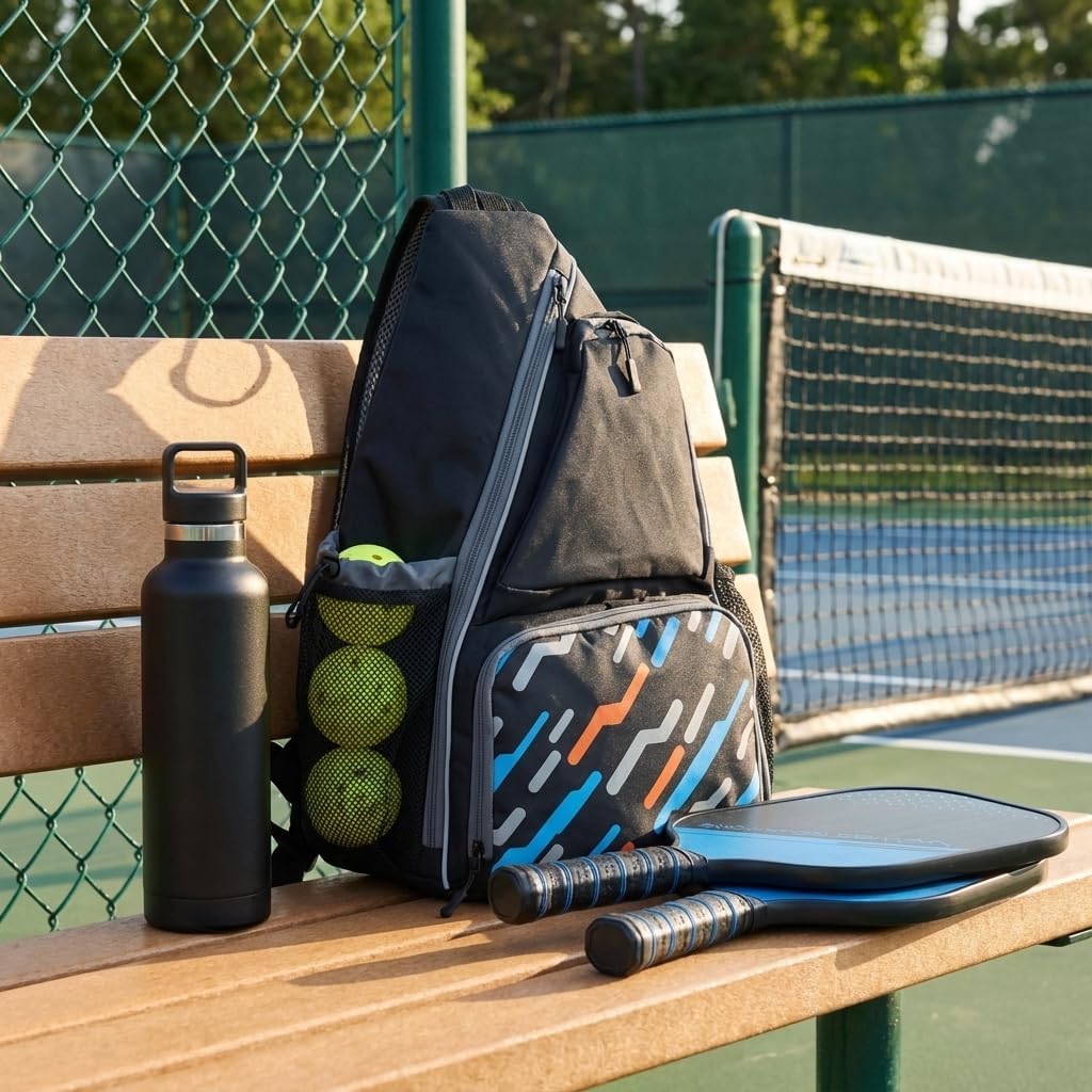 Pickleball Sling Bag with Shoe Compartment for Men Women, Professional 2-3 Paddle Backpack, Large Capacity Bag with 36oz Water Bottle Pocket & Fence Hook