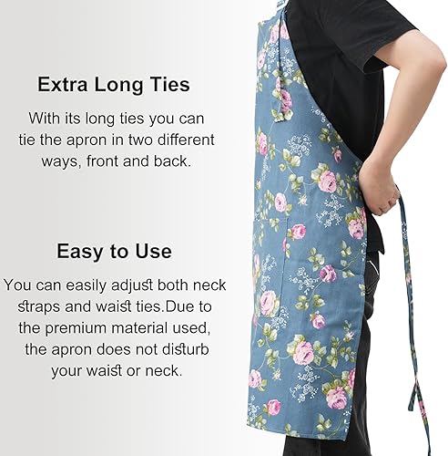 Miniatura 4 de DILLMAN Delantales para mujer con bolsillos de algodón y lino, para cocinar, hornear, suave, duradero, floral, para jardinería