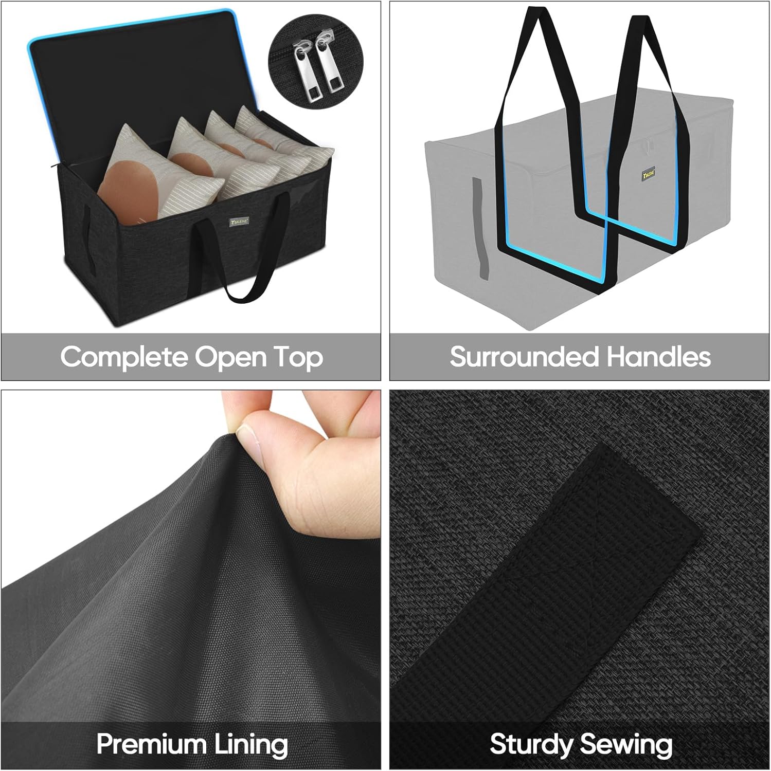 BALEINE Extra Large Storage Tote with Zippers & Carrying Handles, Heavy-Duty Oxford Fabric Moving Bags for Laundry, Space Saving, Storage, 2-Pack, Charcoal Black