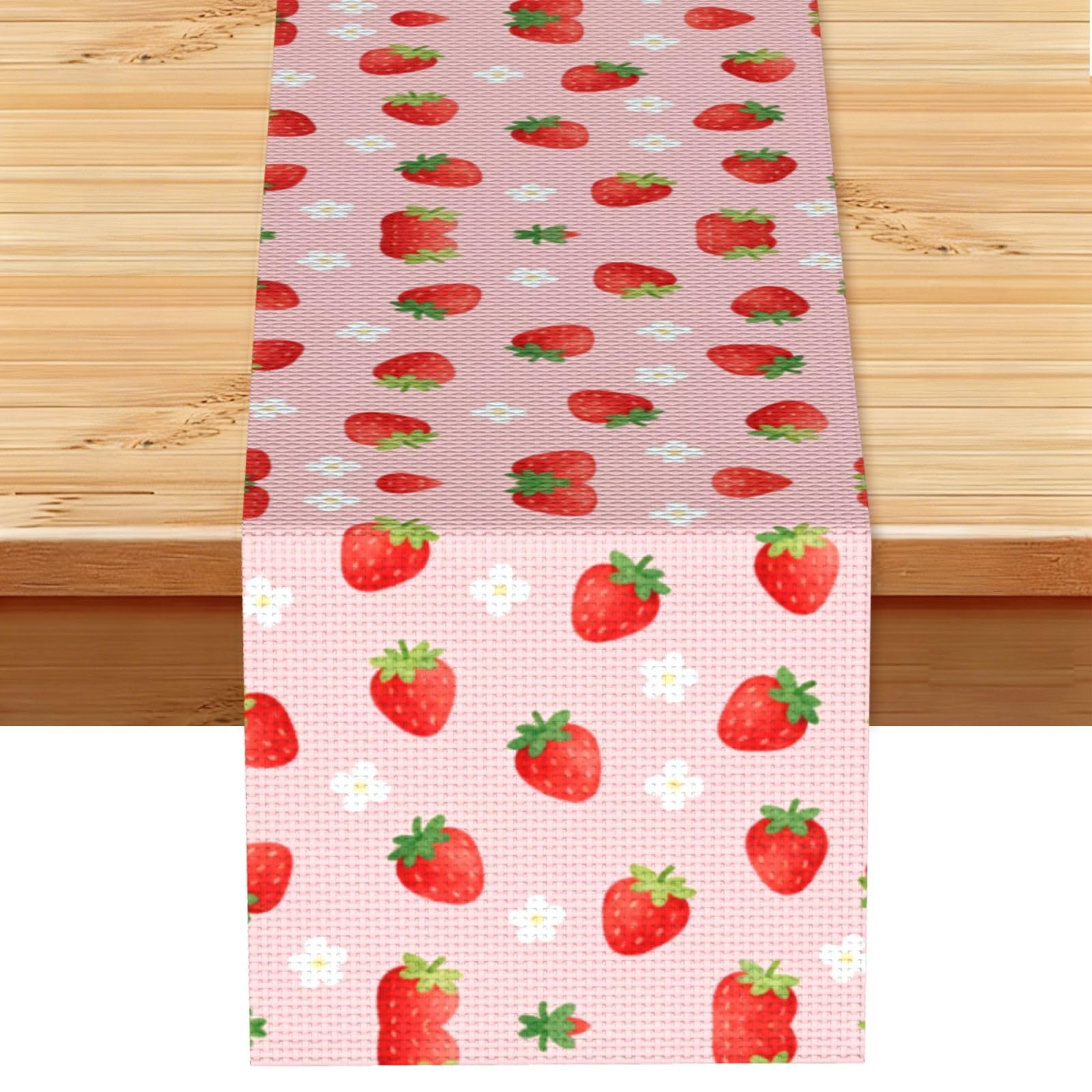 Strawberry Flower Seamless Linen Look Table Runner 13x72-Wrinkle Resistant Farmhouse Style for Dining Table Decor