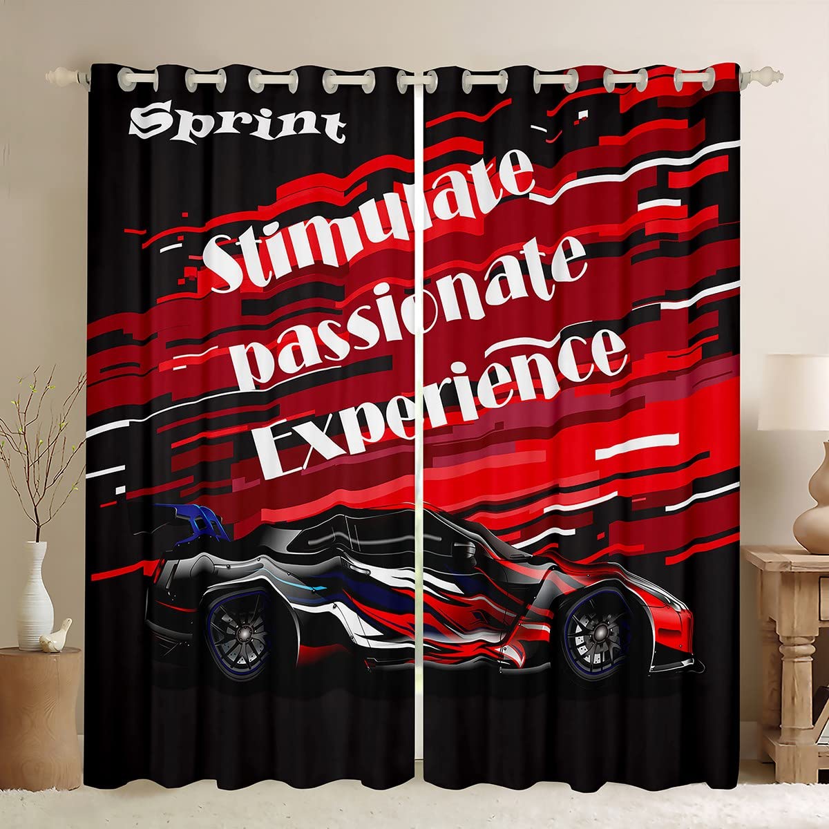 Rideaux pour fenêtre de Voiture de Course pour Enfants,garçons,Sports extrêmes,Rideaux de fenêtre de Sport de Voiture Rouge 66 x 72 cm