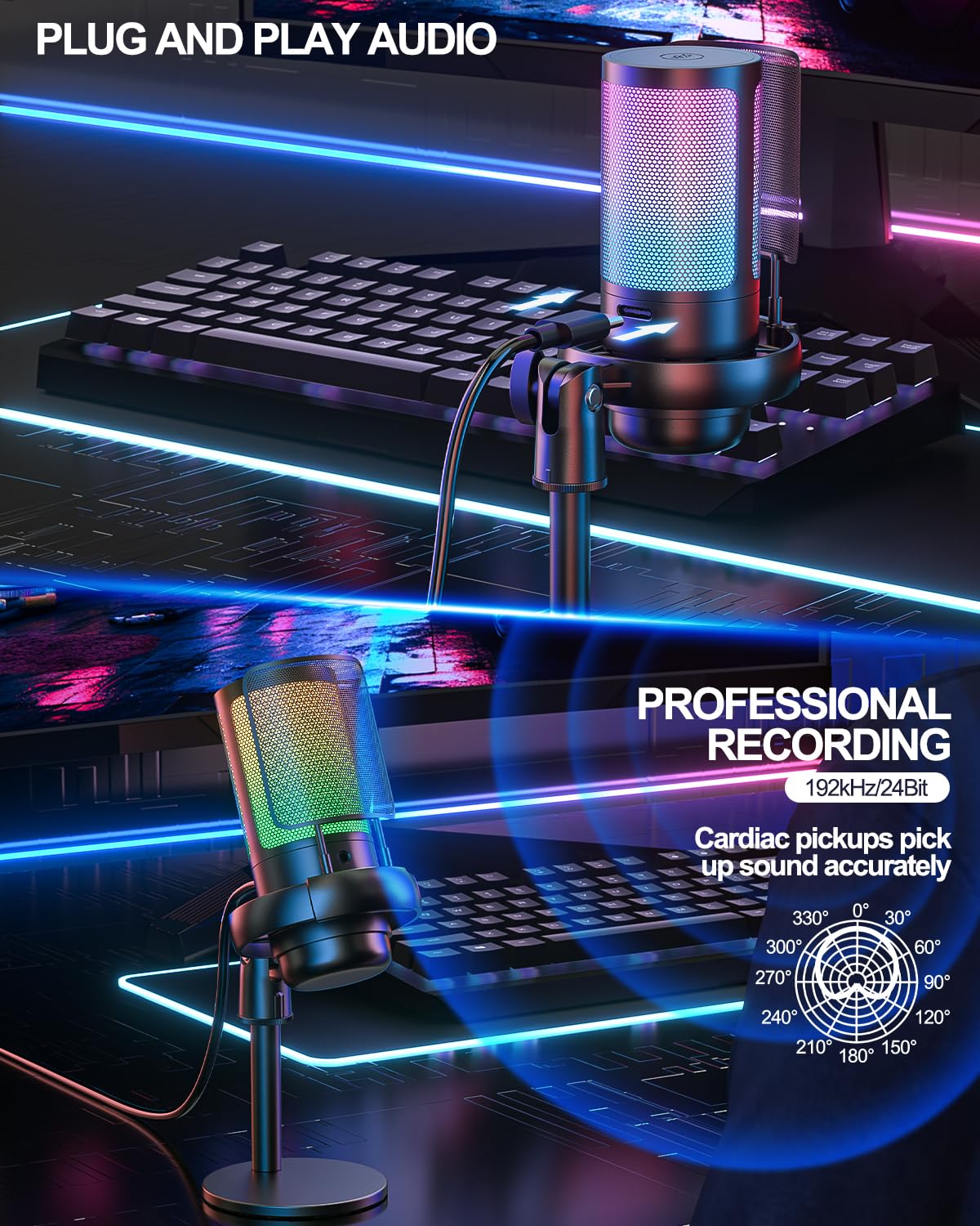 Anykuu USB Gaming Mikrofon 192kHZ/24bit Plug&Play Kondensator Microphone mit 1,5 m USB-C-Kabel Kompatibel mit PS4/5 PC RGB-Licht Anti-Verzerrung PC Mikrofon für Gaming Streaming Studio