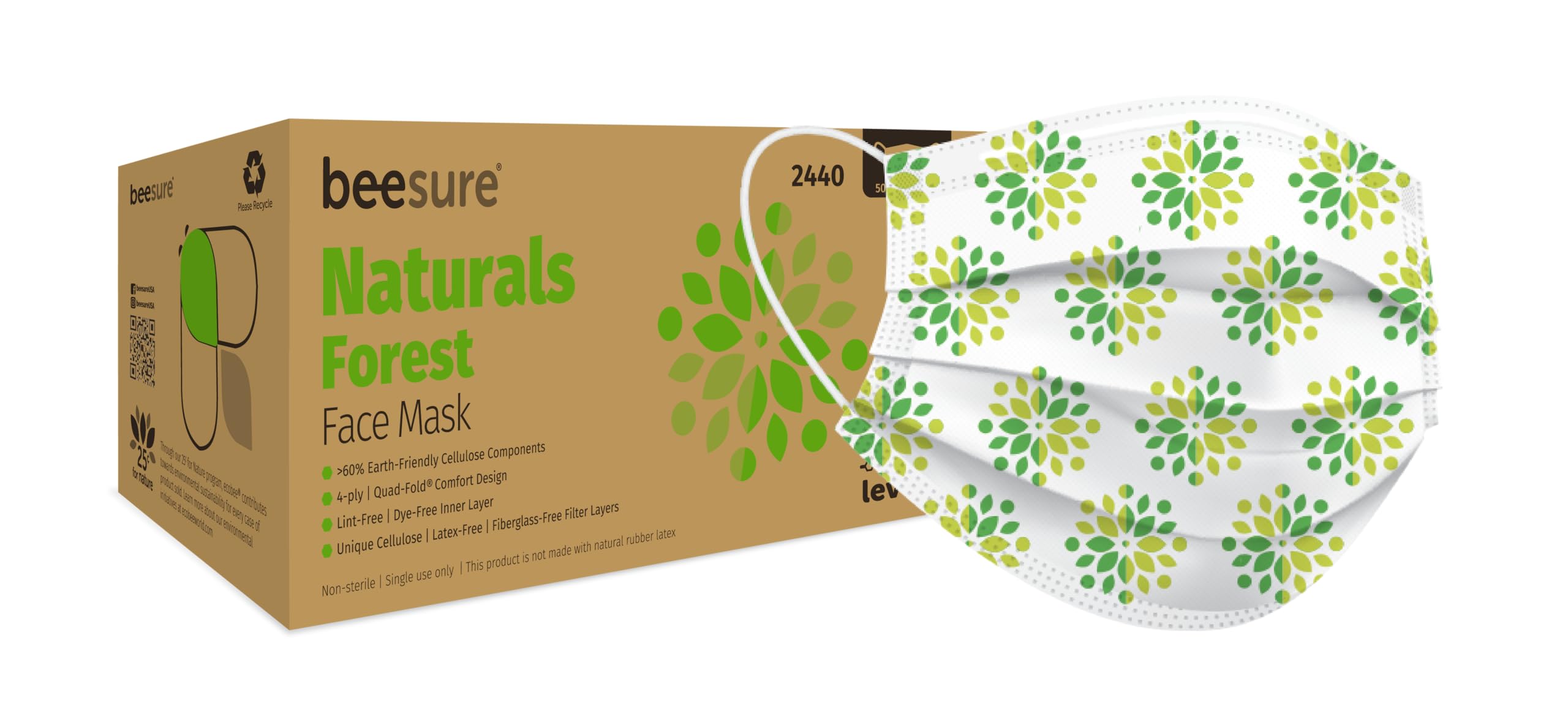 BeeSure BE2440 Naturals Forest Face Masks, Green (Pack of 50)