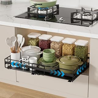 Pull Out Cabinet Organizer, Necomi Extendable Heavy Duty Slide Out Drawers for Kitchen Base Cabinet Organization, Adhesive Pull Out Drawers for Cabinets, Expandable 12-20In (1 Pack)