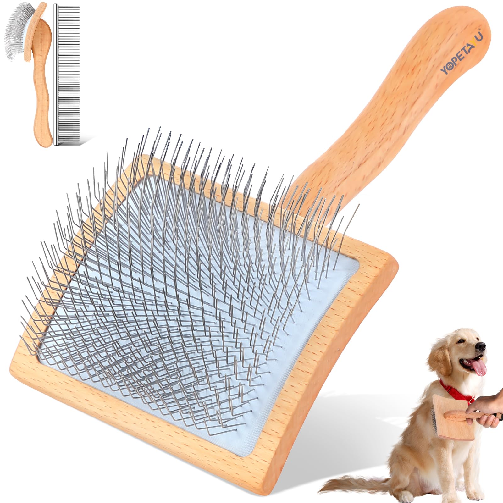 YOPETAYU Slicker Bürste Hund mit Holzgriff für mittelgroße & große Hunde wie Golden Retriever, Labrador, Pudel & Katzen mit langem Fell, entfernt loses Fell & Unterwolle, inkl. Kamm – Holz
