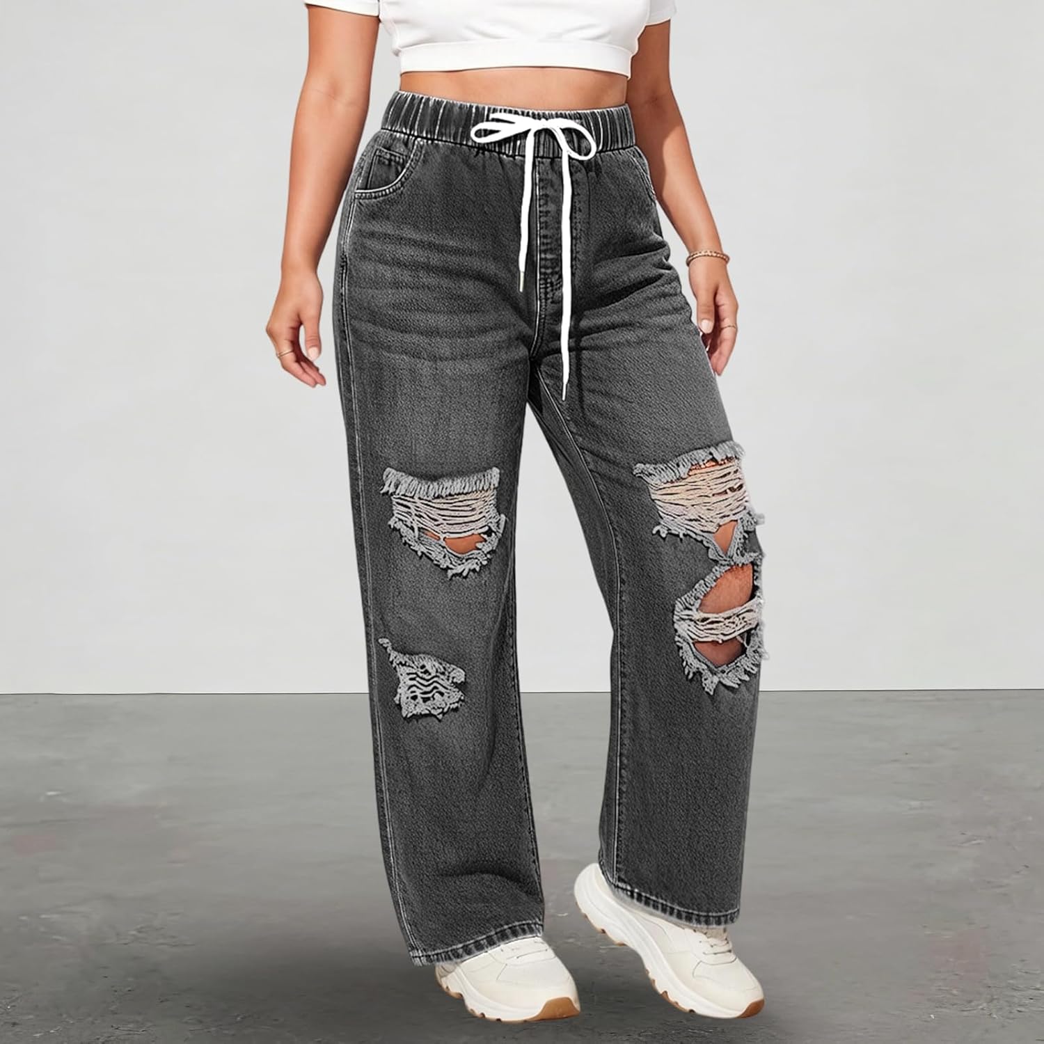 Womens Plus Size Wide Leg Drawstring Jeans with Elastic Waist Jeans Women High Rise Straight Leg Baggy Denim Pants