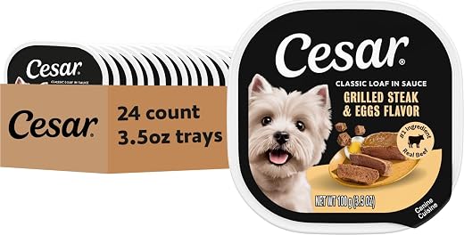 CESAR Adult Wet Dog Food Classic Loaf in Sauce Grilled Steak and Eggs Flavor, 3.5 oz. Easy Peel Trays, Pack of 24