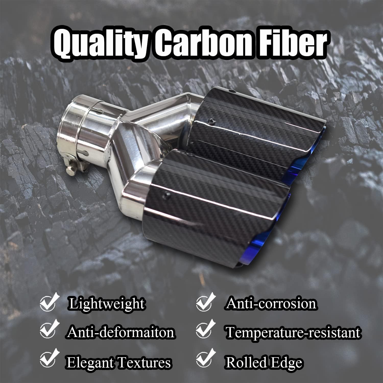 Carbon Fiber Exhaust Tip Dual Outlet Y-style Exhaust Muffler Tips 2.5 Inch(63mm) Inlet 3.5 Inch(89mm) Outlet Blue Burnt Stainless Steel Universal Tail End Tip Clamp On (Glossy Black)