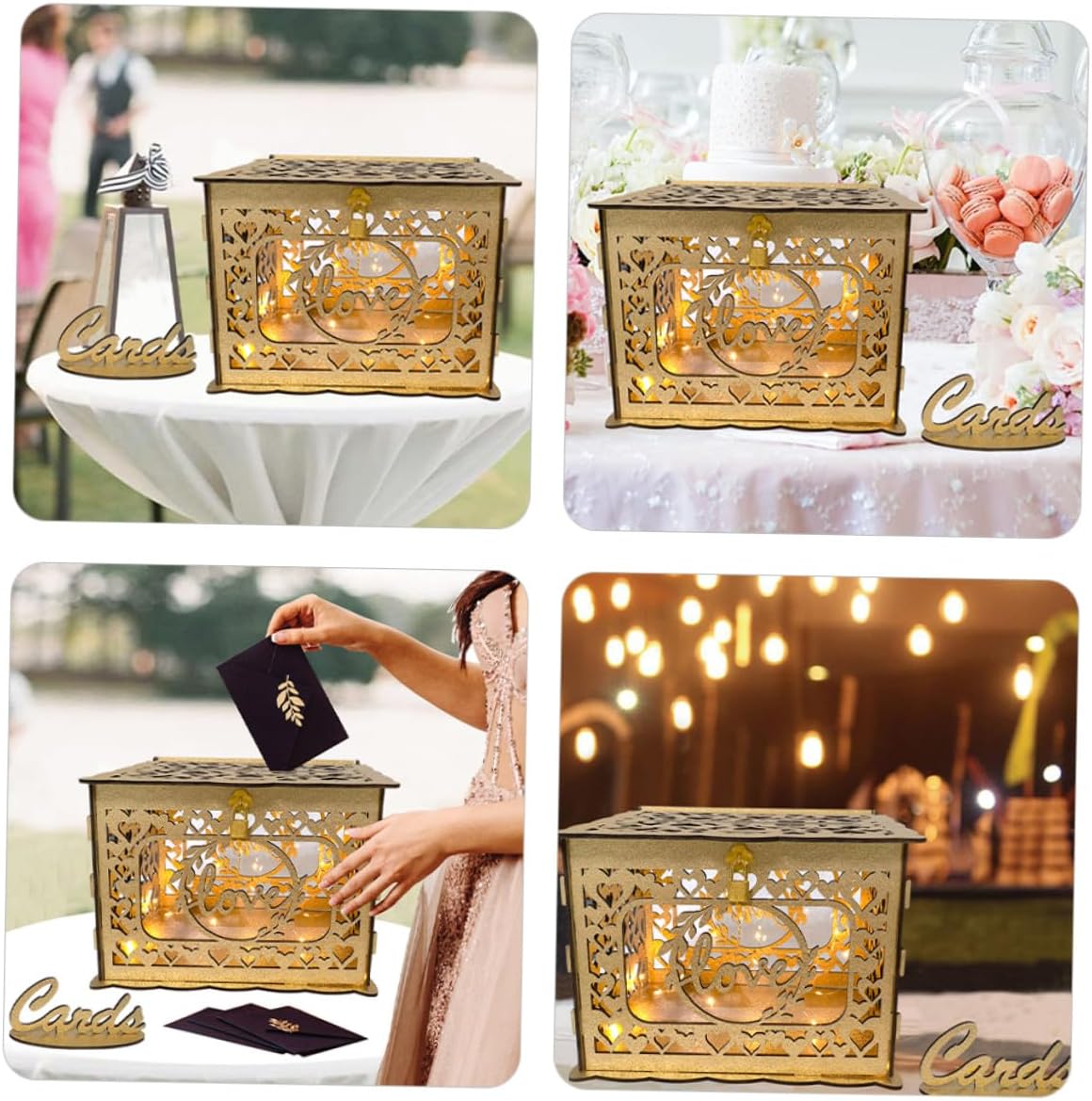 Gadpiparty Wooden Hollow Greeting Card Box with Glitter Square Envelope Money Card Holder for Party Decorations