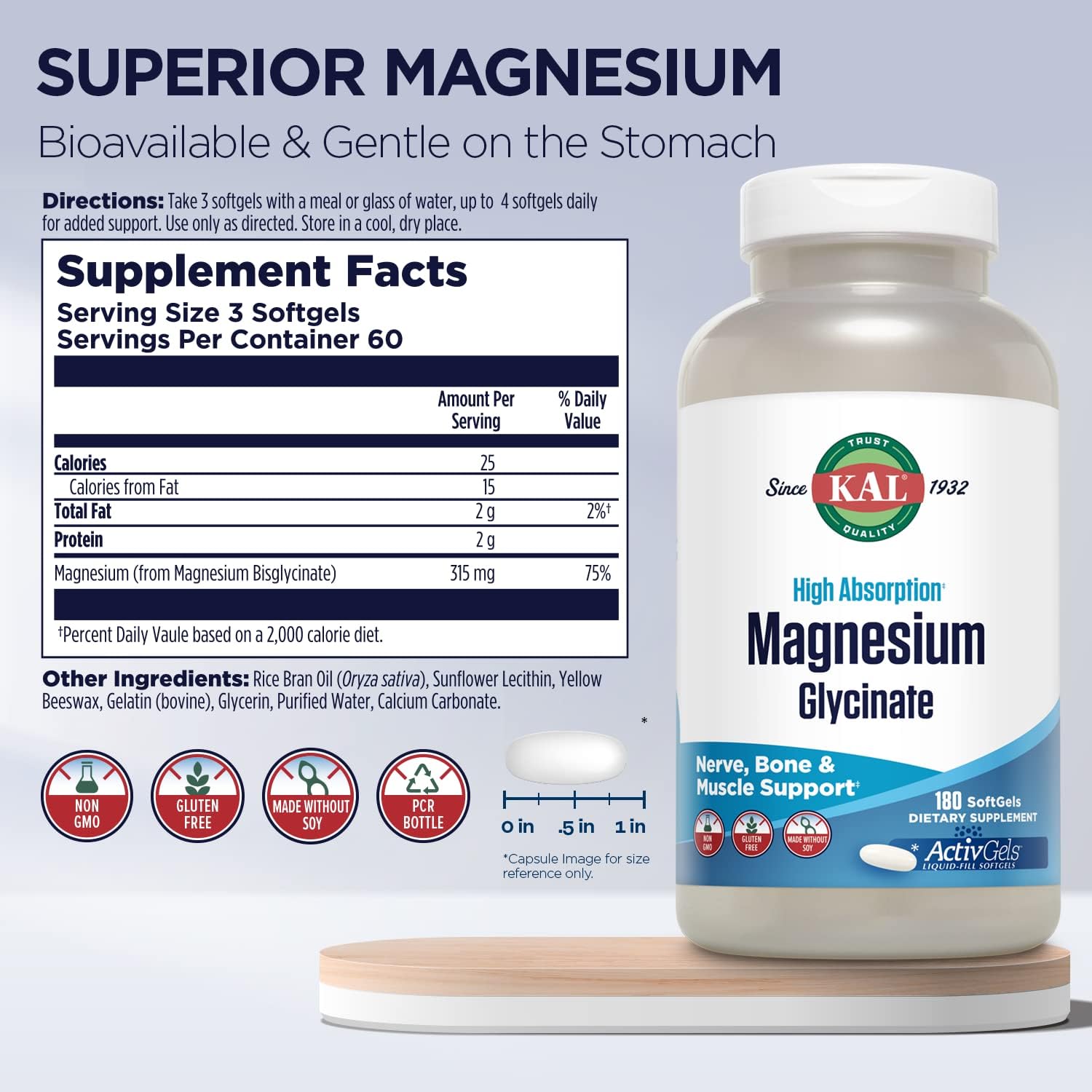 KAL Magnesium Glycinate ActivGels 315mg, Fully Chelated, High Absorption Magnesium Supplement for Relaxation, Muscle & Bone Support, Non-GMO, Gluten Free, 60 Servings, 180 Softgels - Image 2