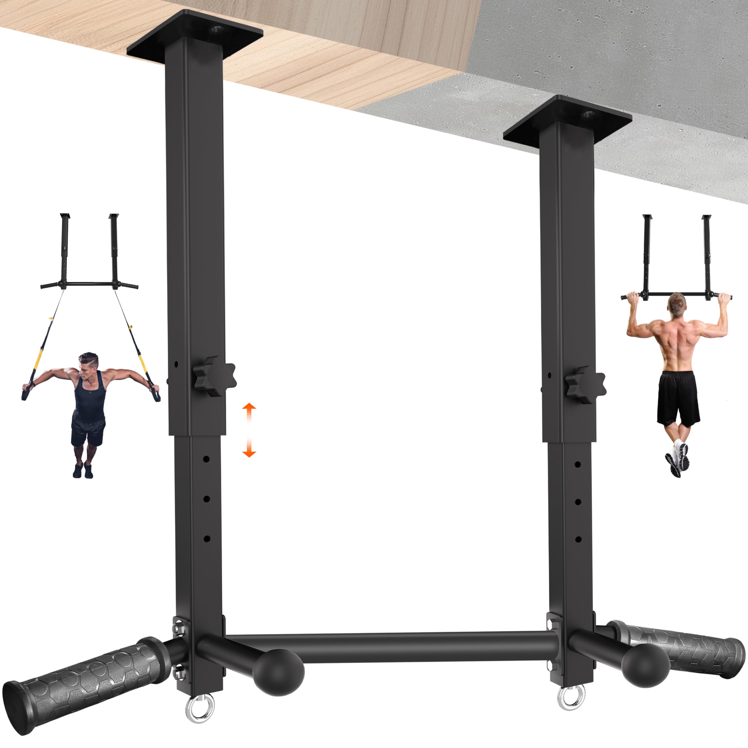 24 Ceiling Mount Pull Up Bar for Garage Basement Rafter - Heavy Duty 800LBS Adjustable Height Multi-Grip Chin