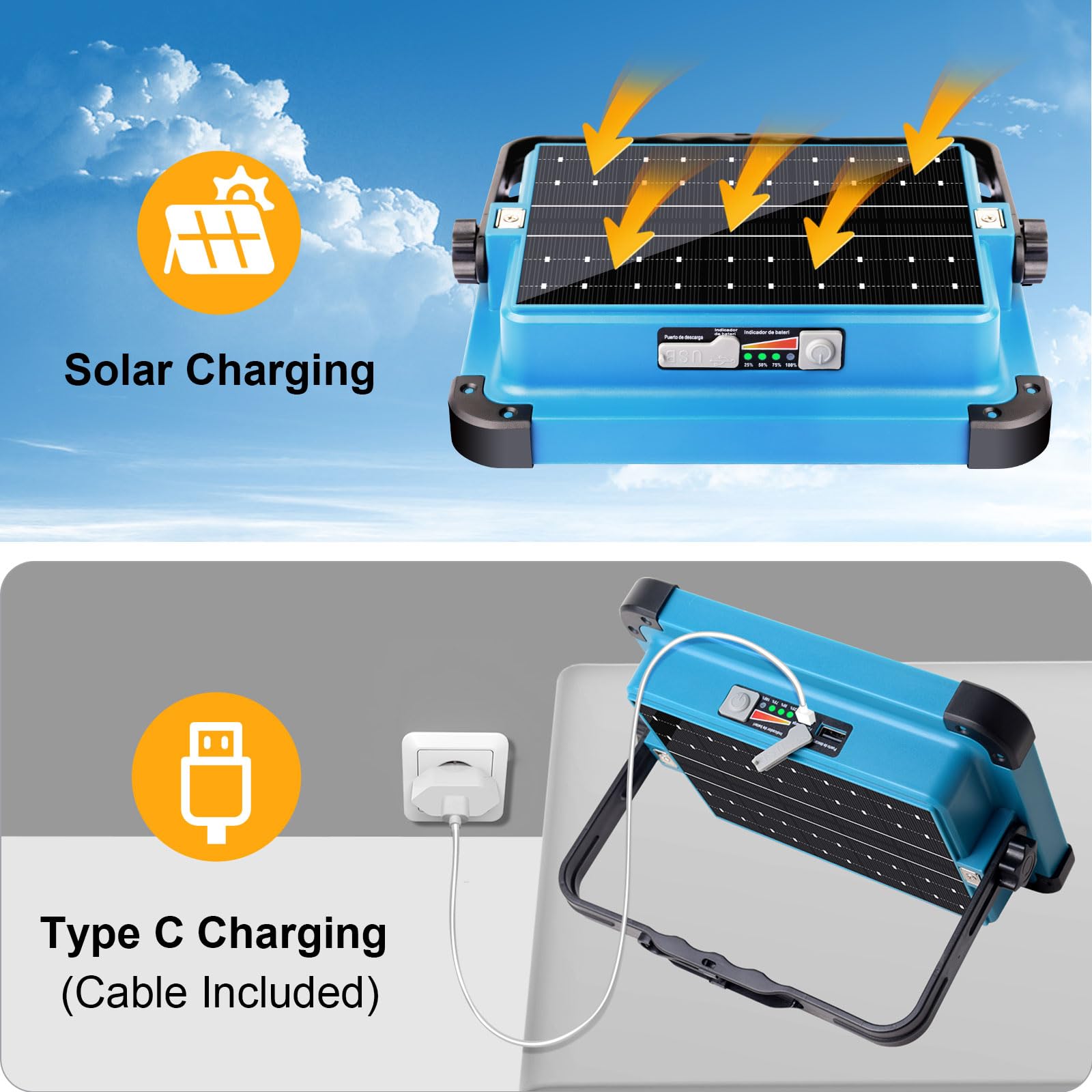 Projecteur LED Rechargeable, 5 Modes/288 LEDs, 10000mAh, 10000mAh | Lampe de travail à recharge solaire, avec lumière rouge et bleue, adaptée aux situations d'urgence/camping/chantiers
