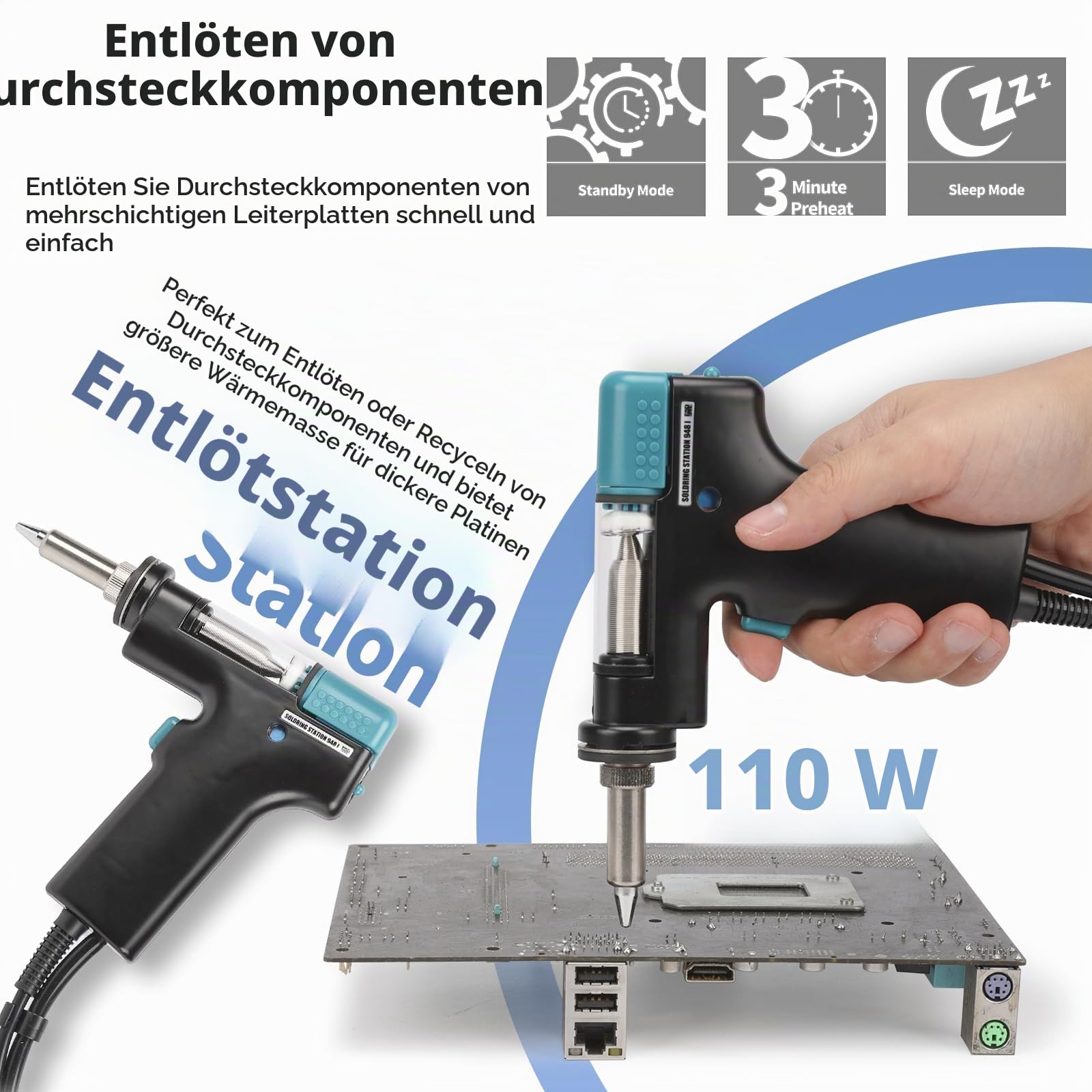 YIHUA 948D-IV 5-in-1 Mikro-Lötstation Heißluft-Rework- und Entlötstation mit C245 Professionellem Mikro-Lötkolben, Heißpinzetten-Lötkolben, Entlötwerkzeug, 1000W Heißluftstation, Saugstift(EU Plug)