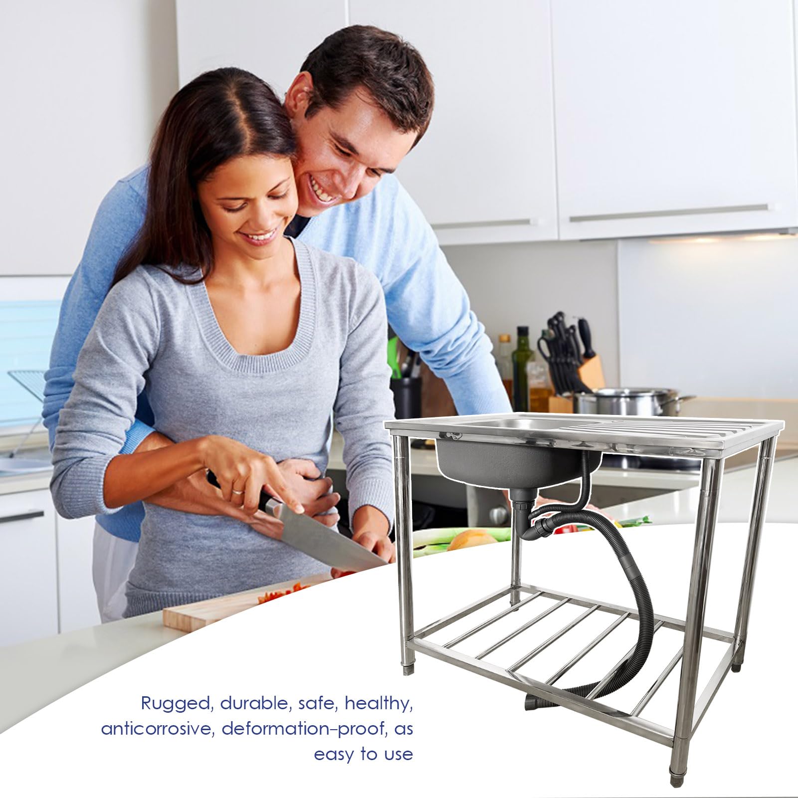 Fregadero de acero inoxidable para restaurante comercial, fregadero de un seno para catering con desagüe, kit de desagüe, grifo para cocina de restaurante, garaje y bar
