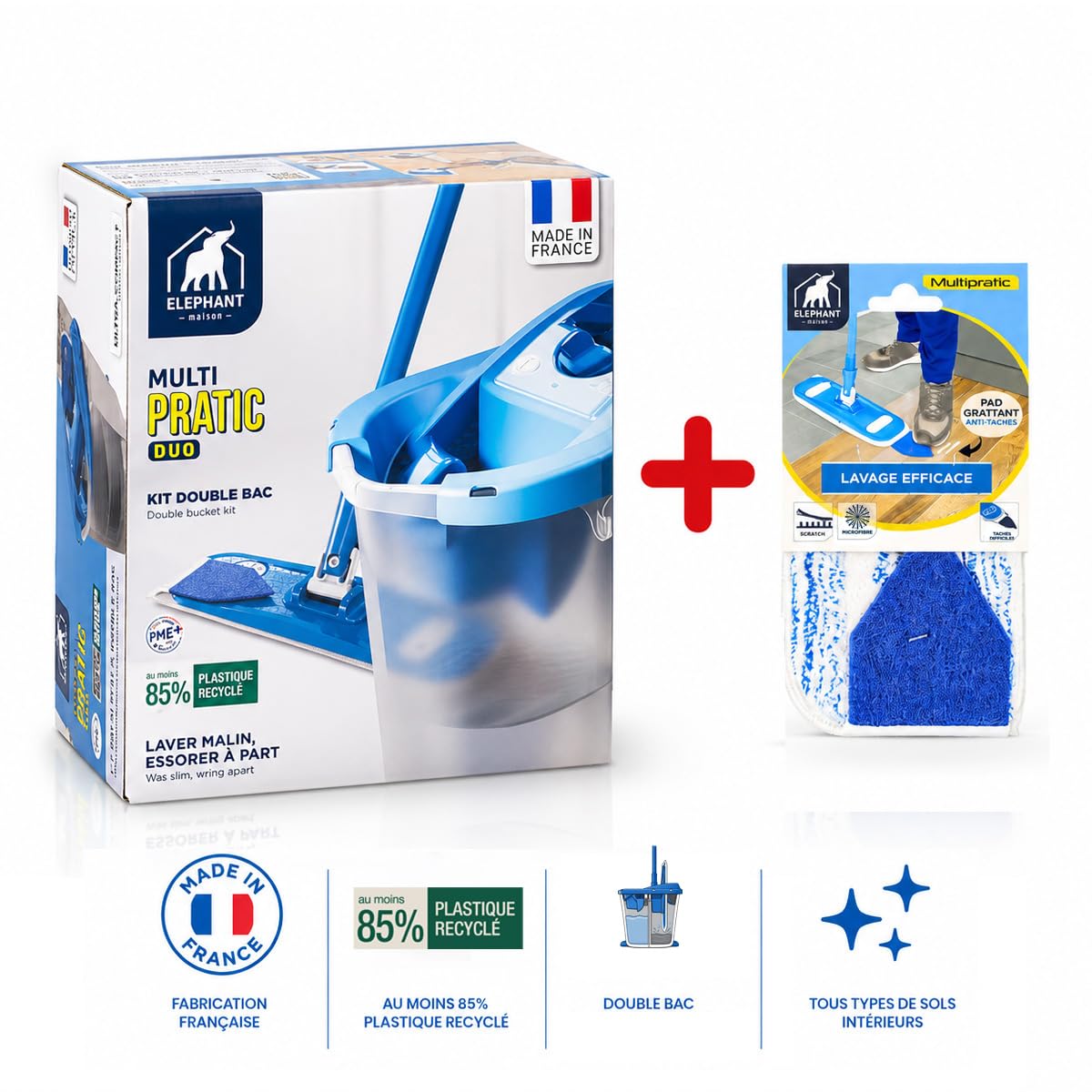 Éléphant — Kit de Lavage Multipratic Duo | Seau Double Compartiment + Balai Plat + 2 Housses Microfibre | Sols jusqu'à 50 m² | Fabriqué en France | 85% Plastique Recyclé