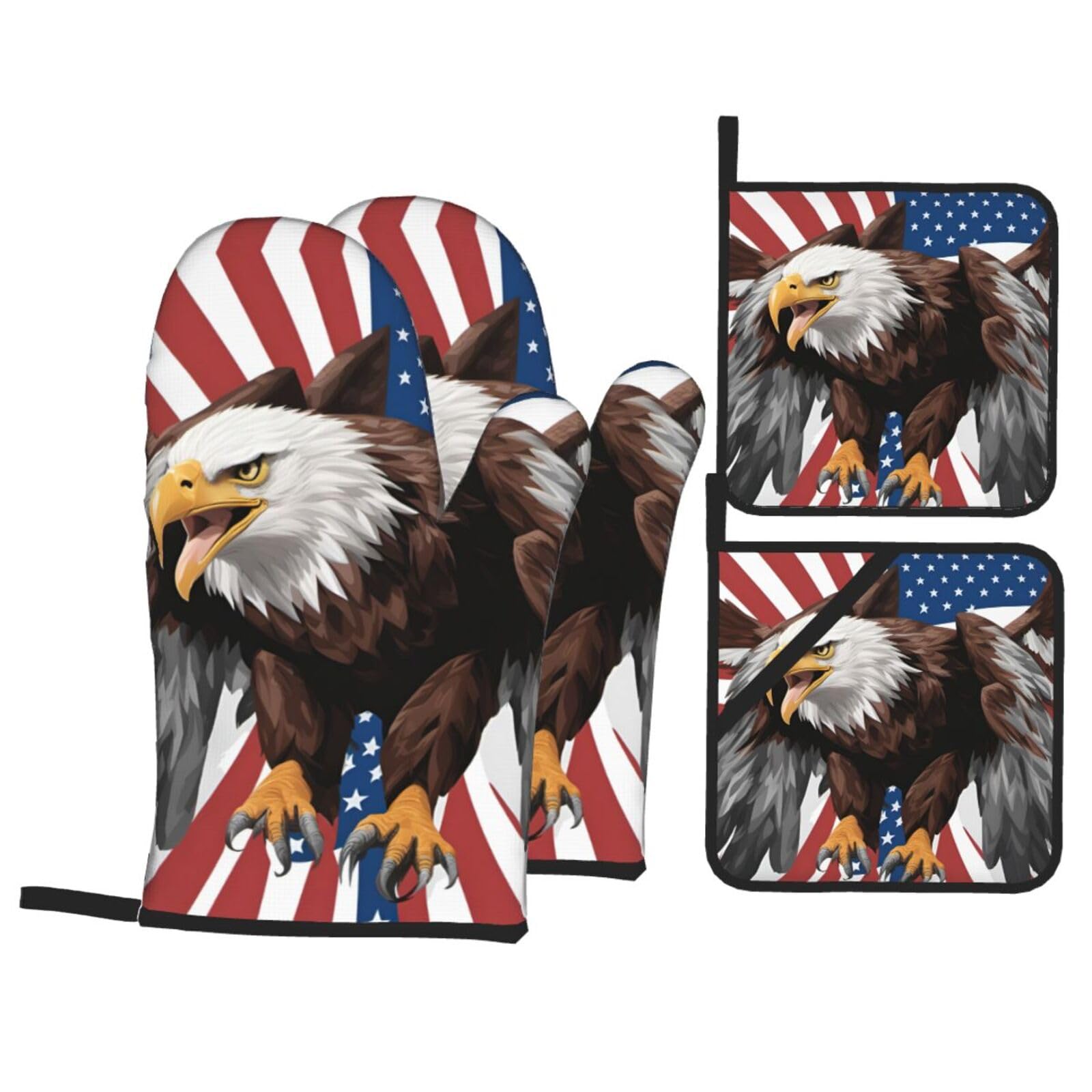 Nimongt Black Eagle With Usa Flag Print Heat-Resistant 4-Piece Oven Kitchen Gloves For Baking Cooking Microwaving Essentials