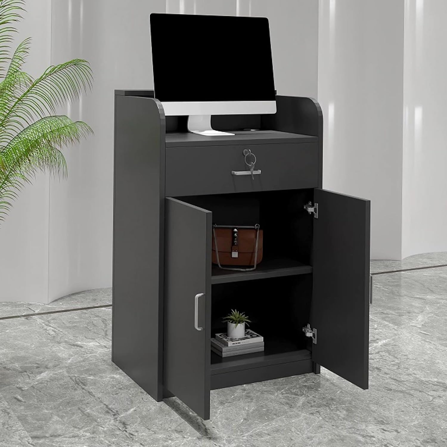 Office Reception Desk, Reception Counter Desk with Lockable Drawers, Wooden Front Desk Reception, Multifunctional Retail Counter Table, Small Reception Desk(Natural,23.6inchx60cm)