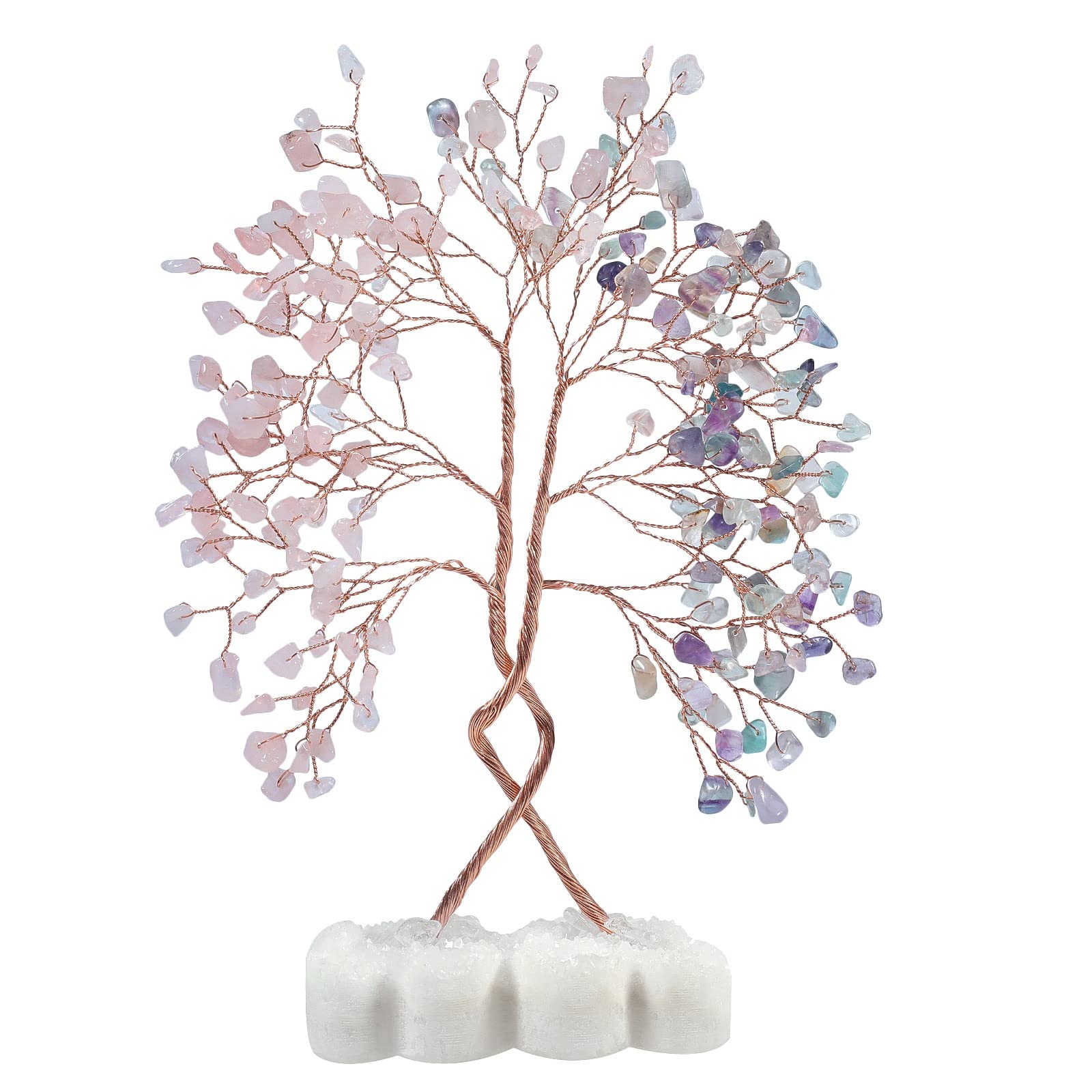 Árbol de la vida de cuarzo rosa con base de piedra para decoración