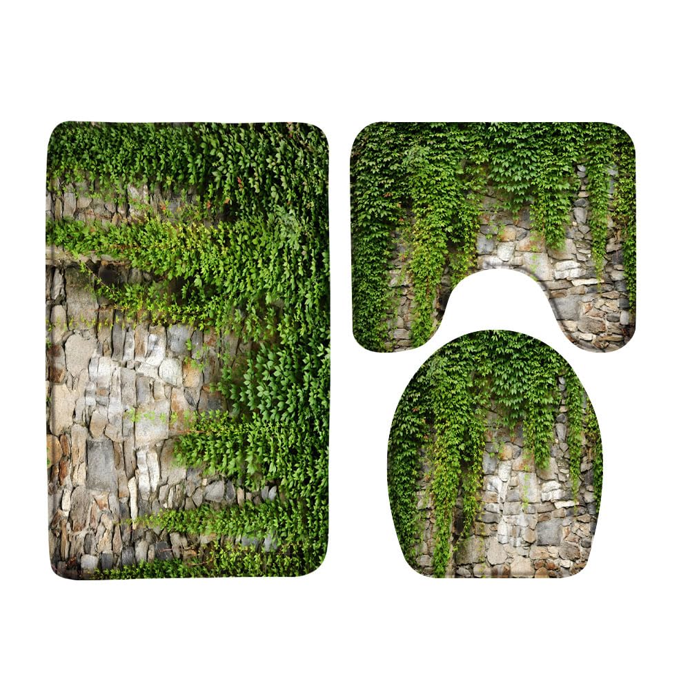 VPUPCN Brick Wall 3 Pcs Bath Rugs Set,Green Leaf Ivy Plant Rustic Marble Rocks Stone Wall Natural Farmhouse Botanical Bathroom Kitchen Rug with 16