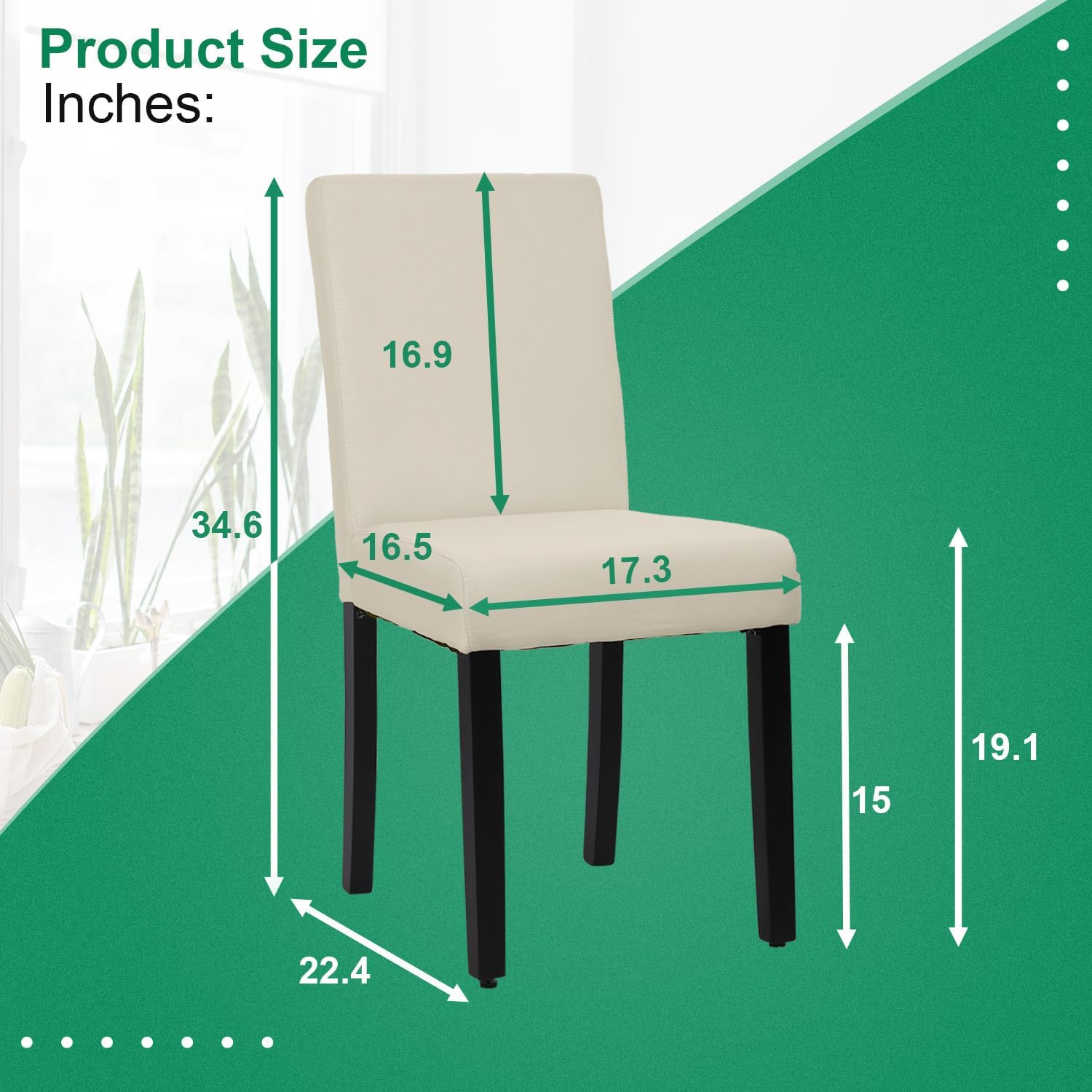 Diagram showing the dimensions of a dining chair in inches: 34.6 inches total height, 16.9 inches backrest height, 16.5 inches seat depth, 17.3 inches seat width, 19.1 inches seat height from floor, 15 inches leg height, 22.4 inches total depth.