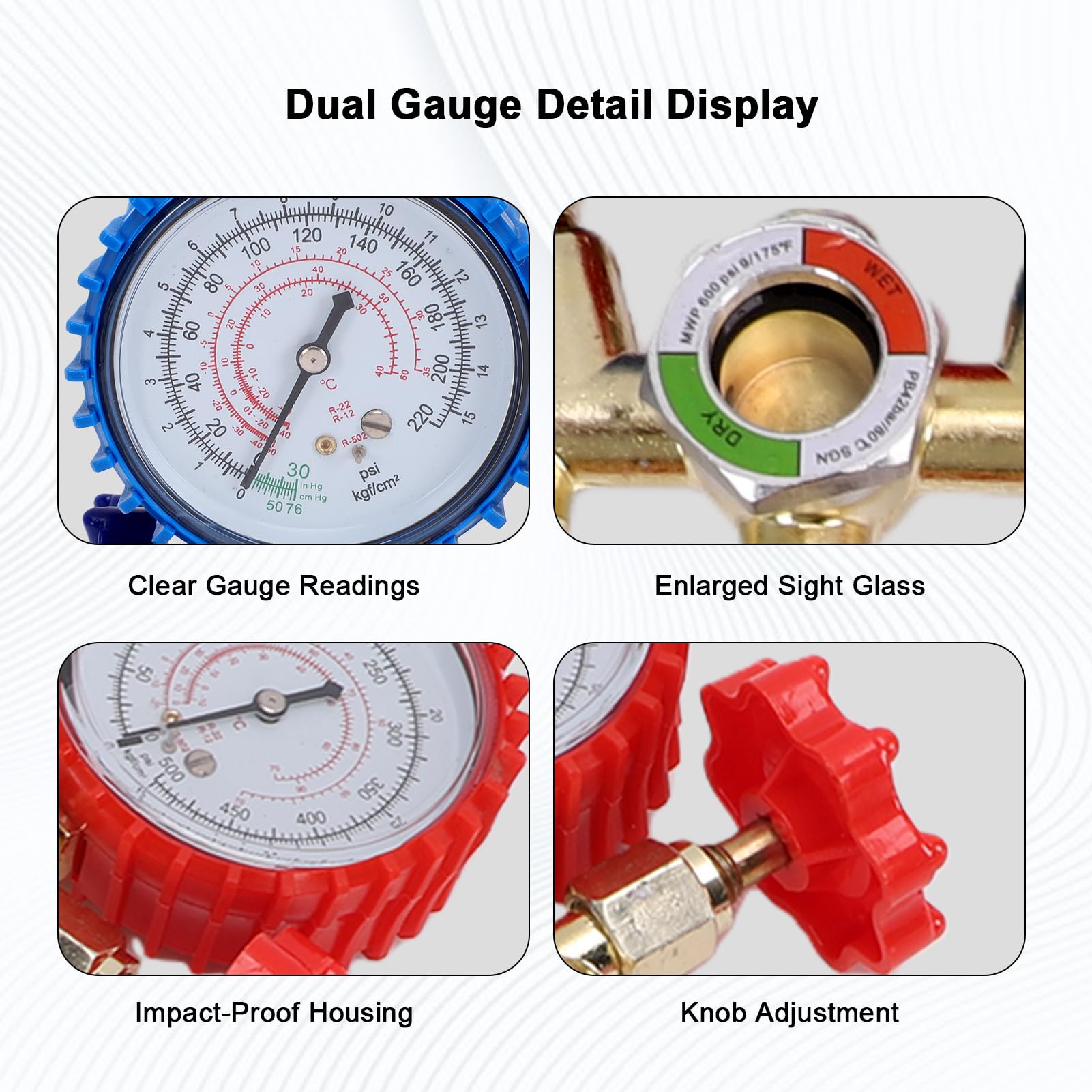 Fafeicy Juego de Manómetro de Colector de CA Kit de Manómetro Doble para R134a R22 R12 R502 con Mangueras de Carga Herramienta de Carga de Refrigerante HVAC Conector SAE 1/4 Uso D
