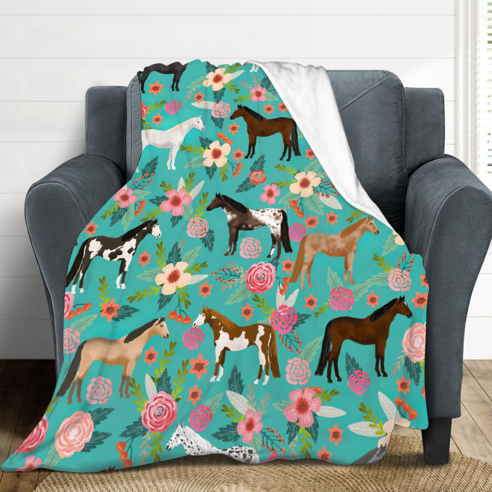 Manta de caballo para niñas y mujeres, lindos caballos y flores, manta de forro polar, suave, cálida, mullida, floral, para los amantes de los caballos, decoración, cama, sofá, sala de estar para