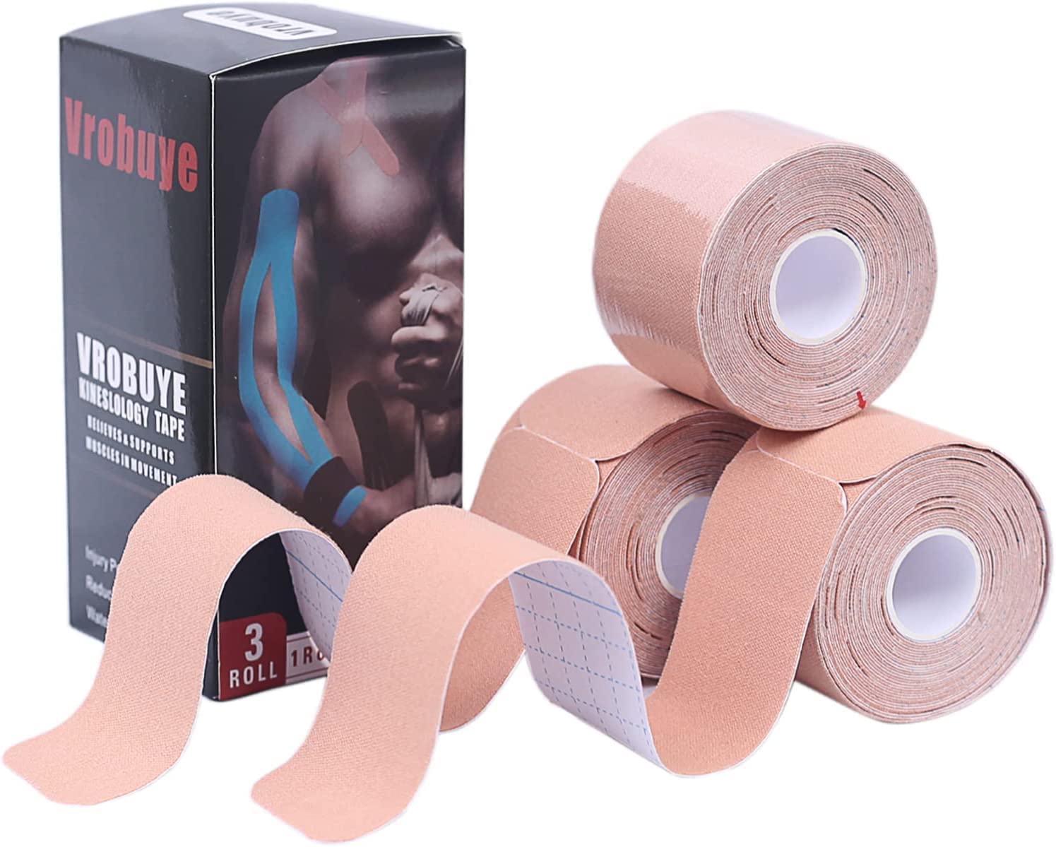 Kinesiology Tape Pro 3 Rolls, Waterproof Breathable Latex Free Tape, 10 inches Precut, 60 Precut Strips Strips for Knee Pain, Elbow, Shoulder Muscle & Joint Support (Nude)