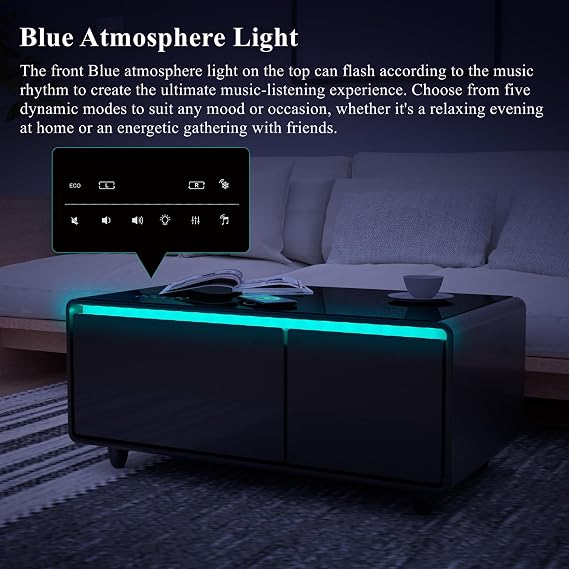 Smart Coffee Table with Fridge and Bluetooth, LT90 Upgraded-Black