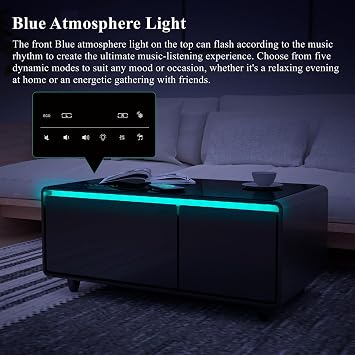 Smart Coffee Table with Fridge and Bluetooth, LT90 Upgraded-Black