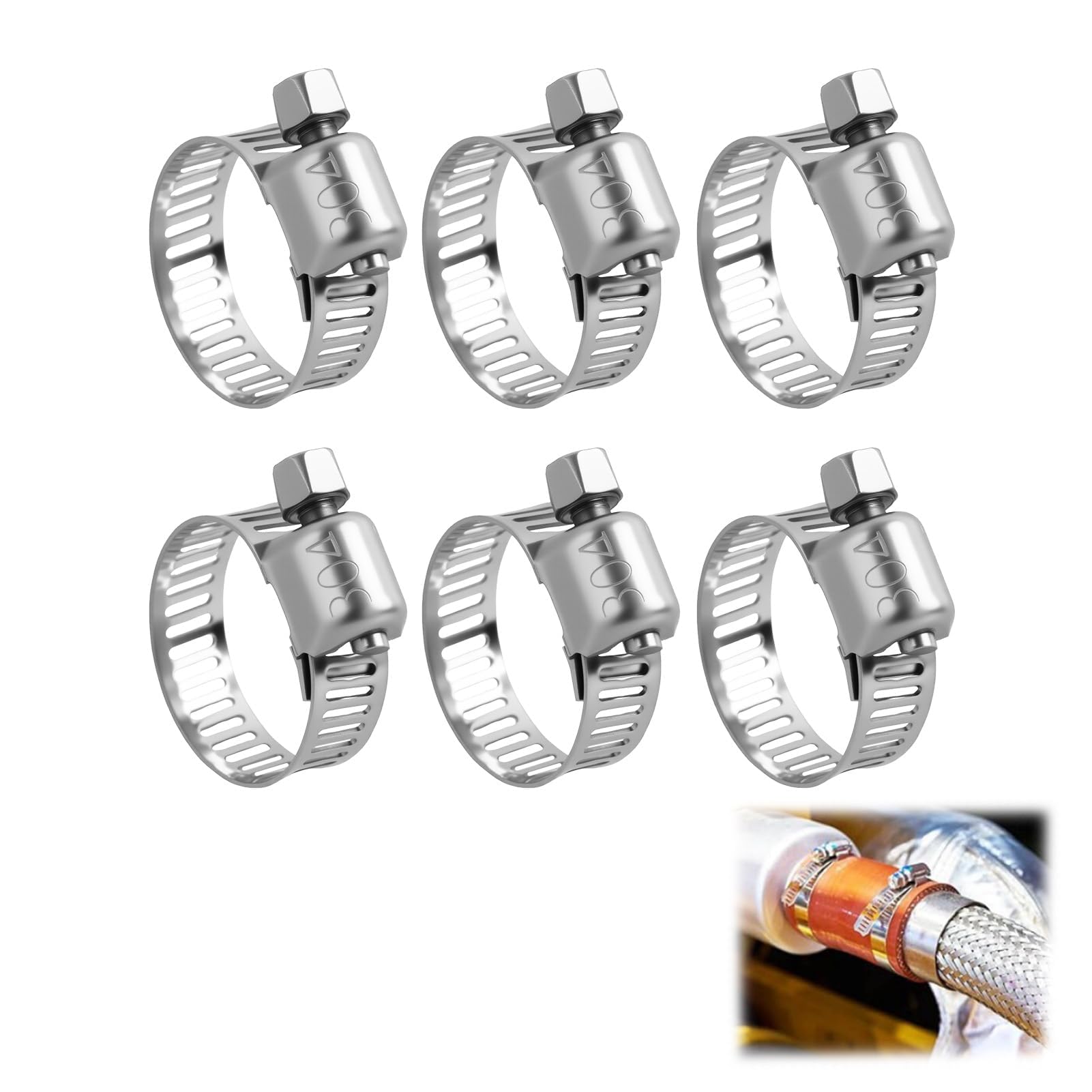Stainless Steel Hose Clips - 6PCS Adjustable Worm Gear Hose Pipe Clamps, Durable and Rust-Proof Jubilee Clips for Automotive, Plumbing, Garden, and Pool Applications