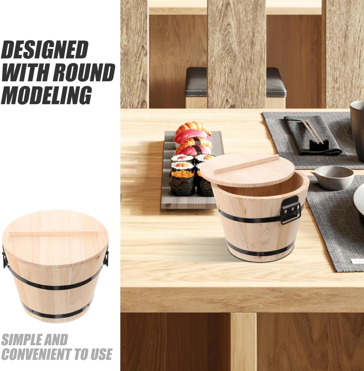 SHOWERORO Wooden Sushi Rice Bucket with Lid 7.08in Round Rice Bucket for Cooked Storage Container for Sushi Sashimi Barbecue Restaurant and Home Kitchen