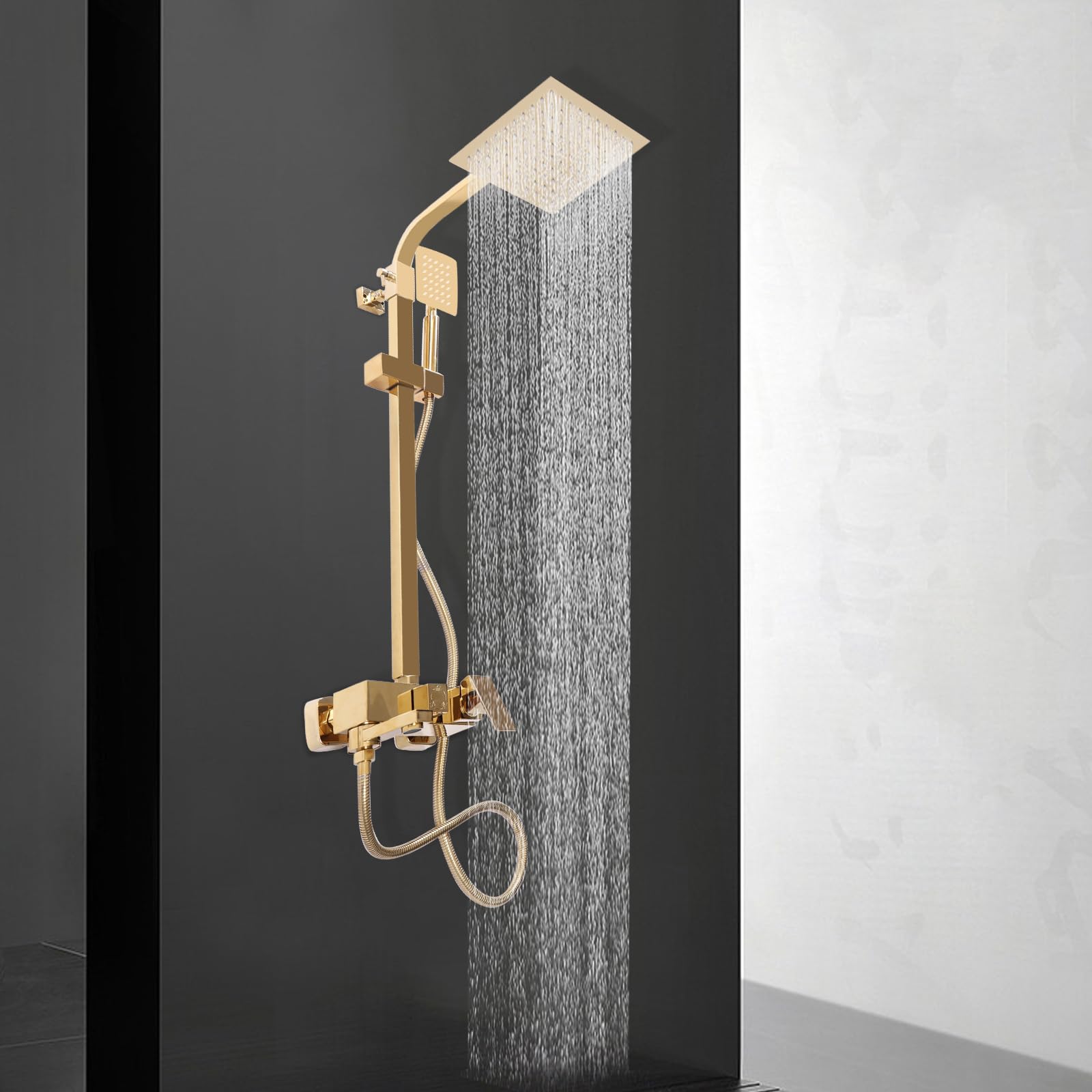 Set doccia in rame in acciaio inox dorato con altezza regolabile (80 – 113 cm) e 2 soffione doccia (pioggia/doccetta) – antiruggine, valvola in ceramica, anti-scottatura, facile da installare per