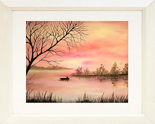 Buyartforless Framed Pink Lake Landscape by Ed Capeau Matted Matted Art Painting Reproduction White Frame