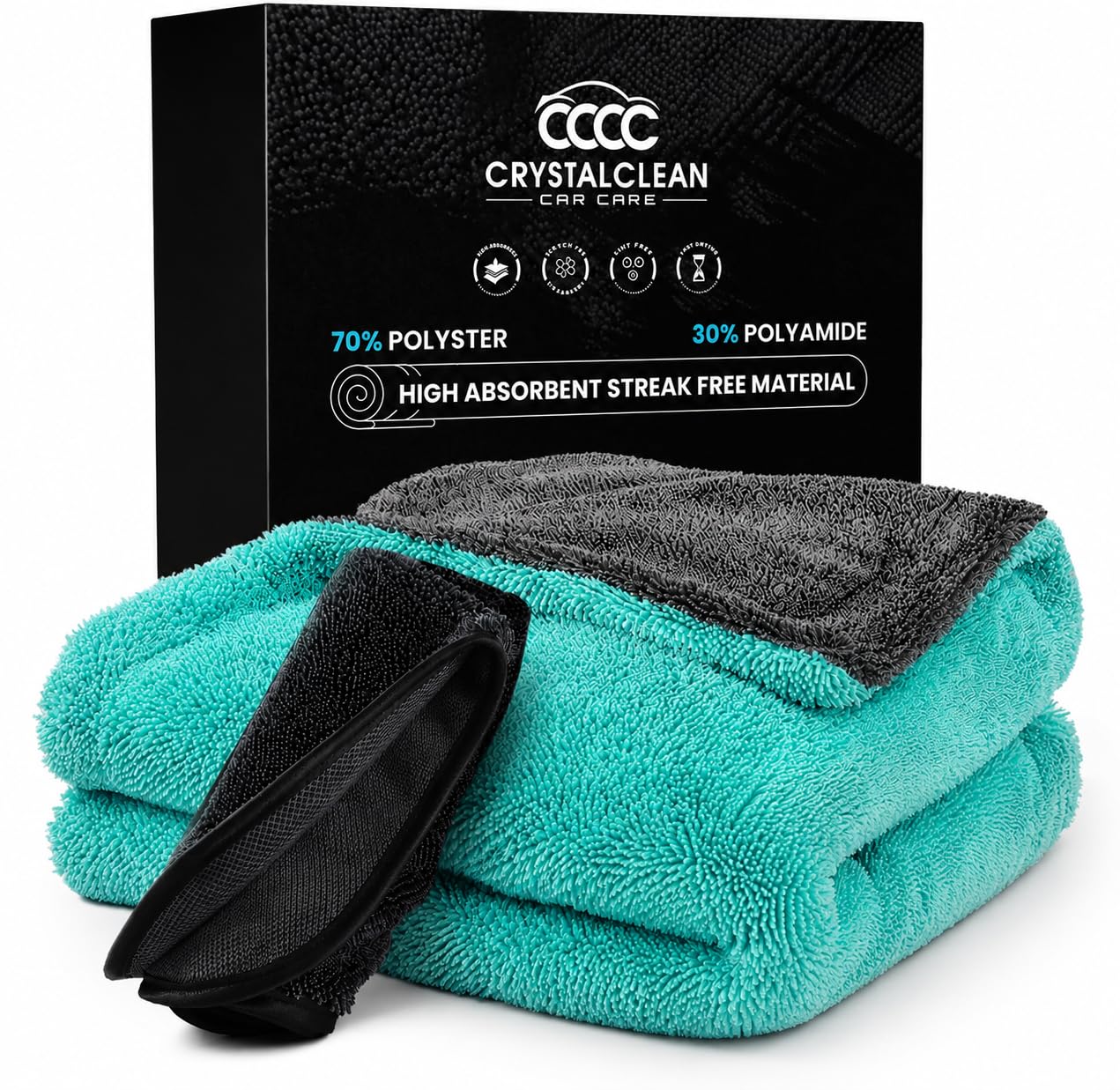 Microfiber towels for cars - 1300GSM X Large size Double twisted loop 2pcs - 70/30 Blend Quick Dry High absorbent Edgeless Streak free - Car drying towel for detailing 24x36″ & 12x12 (Grey+Green)