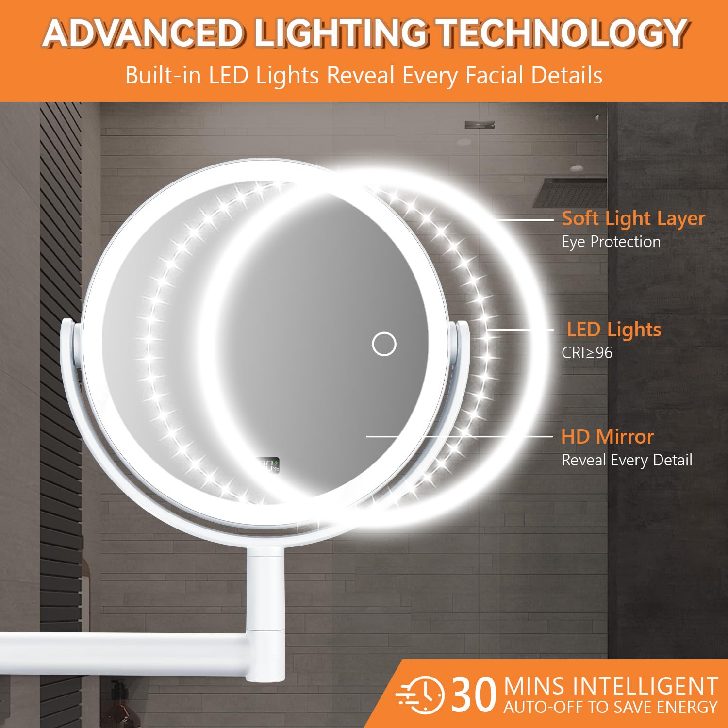 Auxmir Specchio Trucco con Ingrandimento 30X/1X, Specchio da Parete a LED Con o Senza Foratura, Estensibile e Rotazione a 360°, 3 Colori di Luce Regolabile, Ricaricabile 2000mAh per Bagno Hotel Spa