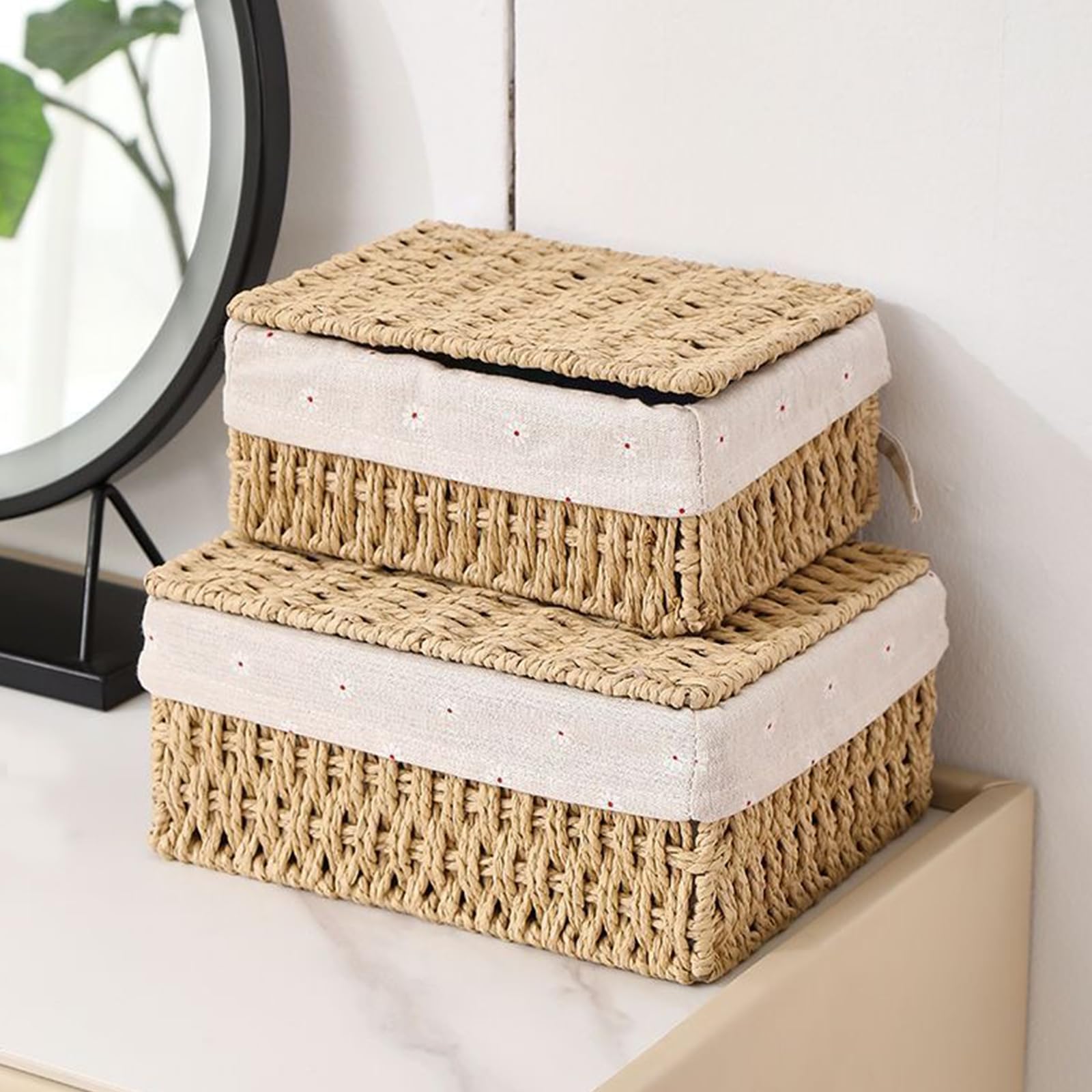 Zestaw 3 Koszyków do Przechowywania z Pokrywką – Koszyki Pleciony z Liny Papierowej, Boho Decor, 3 Rozmiary (Mały, Średni, Duży), Idealne do Łazienki, Salonu i Sypialni